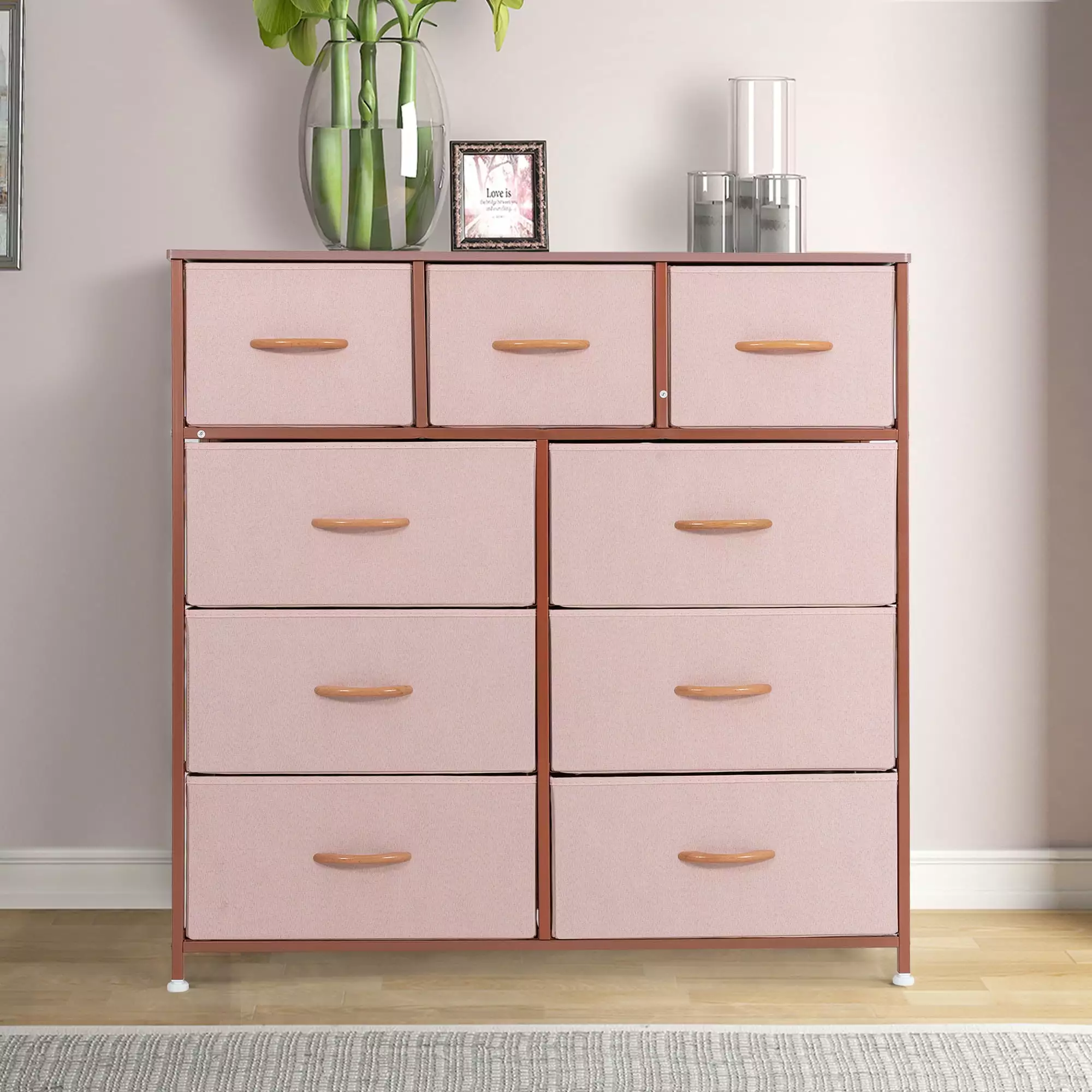 Prime Garden 9 Drawers Dresser for Kids High Storage Tower Furniture Wood Top. Pink