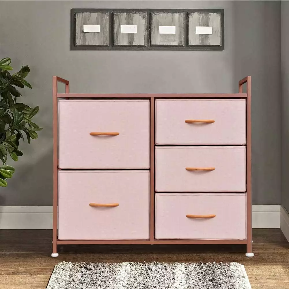 Prime Garden Modern Dresser Storage Tower with 5 Drawers Wood Top.Pink