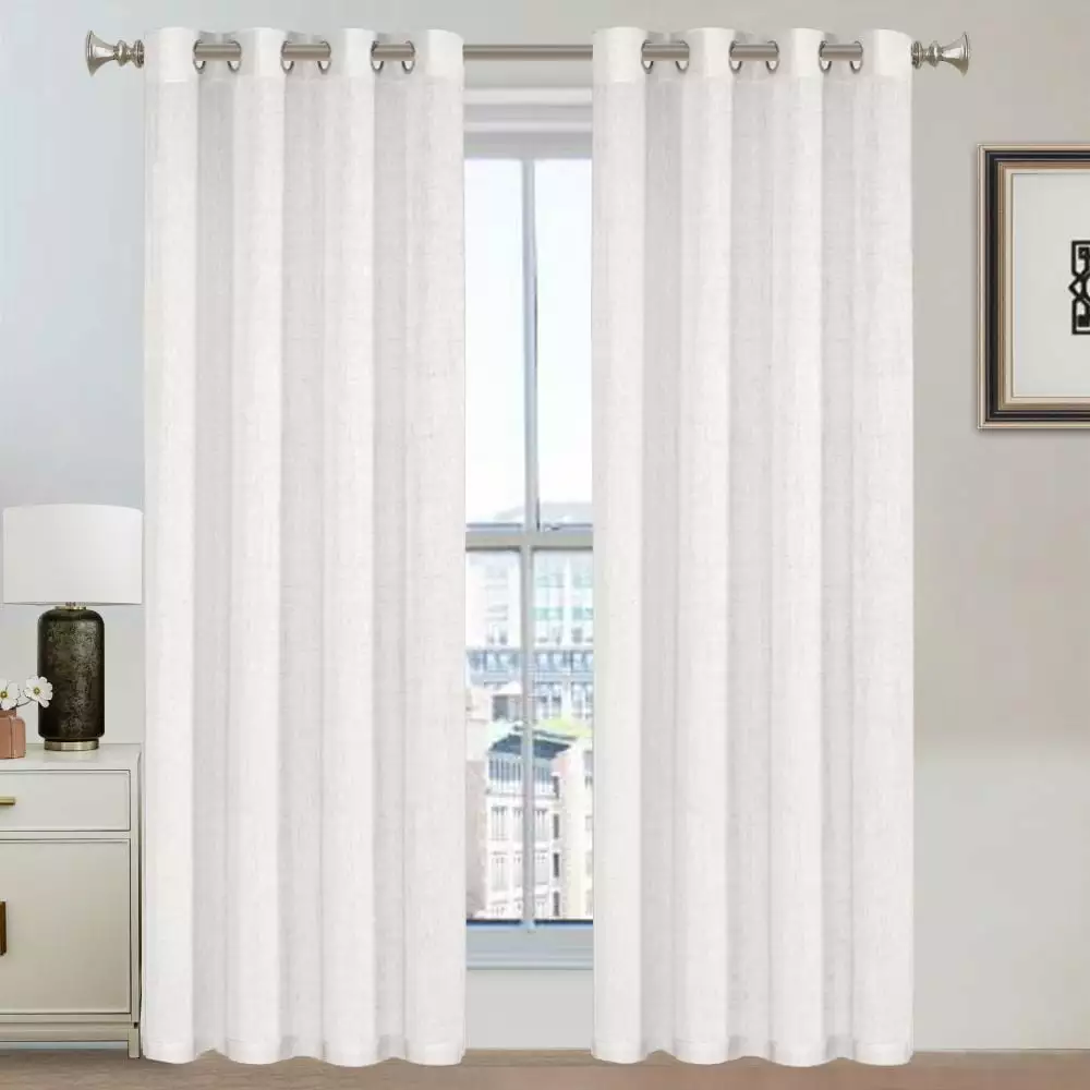 PrimeBeau Natural Linen Blended Nickel Grommet Curtains Privacy Added Semi Sheer Window Curtain Drapes Textured Flax Curtains(52 W x 96 L. White)