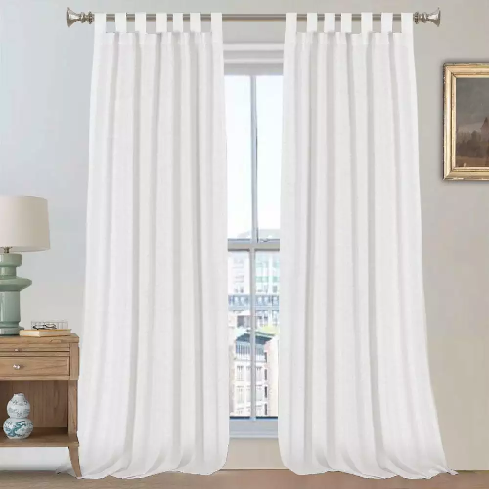 PrimeBeau Natural Linen Blended Tab Top Curtains Privacy Added Semi Sheer Window Curtain Drapes Textured Flax Curtains(52 W x 96 L. White)