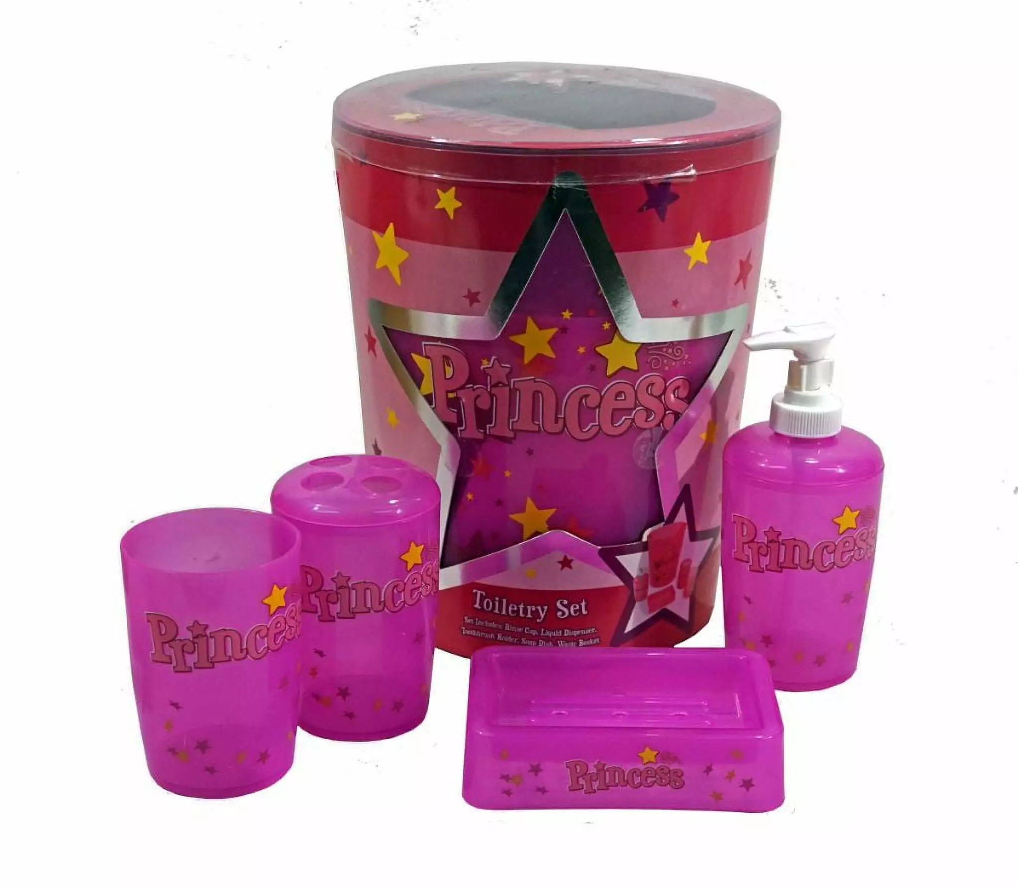 Princess Toiletry Set ~ Rinse Cup. Liquid Dispenser. Toothbrush Holder. Soap Dish & Waste Basket. Pink