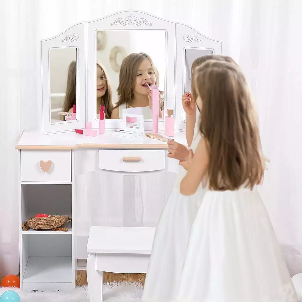 Princess Vanity Set for Toddlers. Kids Vanity with Mirror. Stool. and Wood Makeup Playset. White