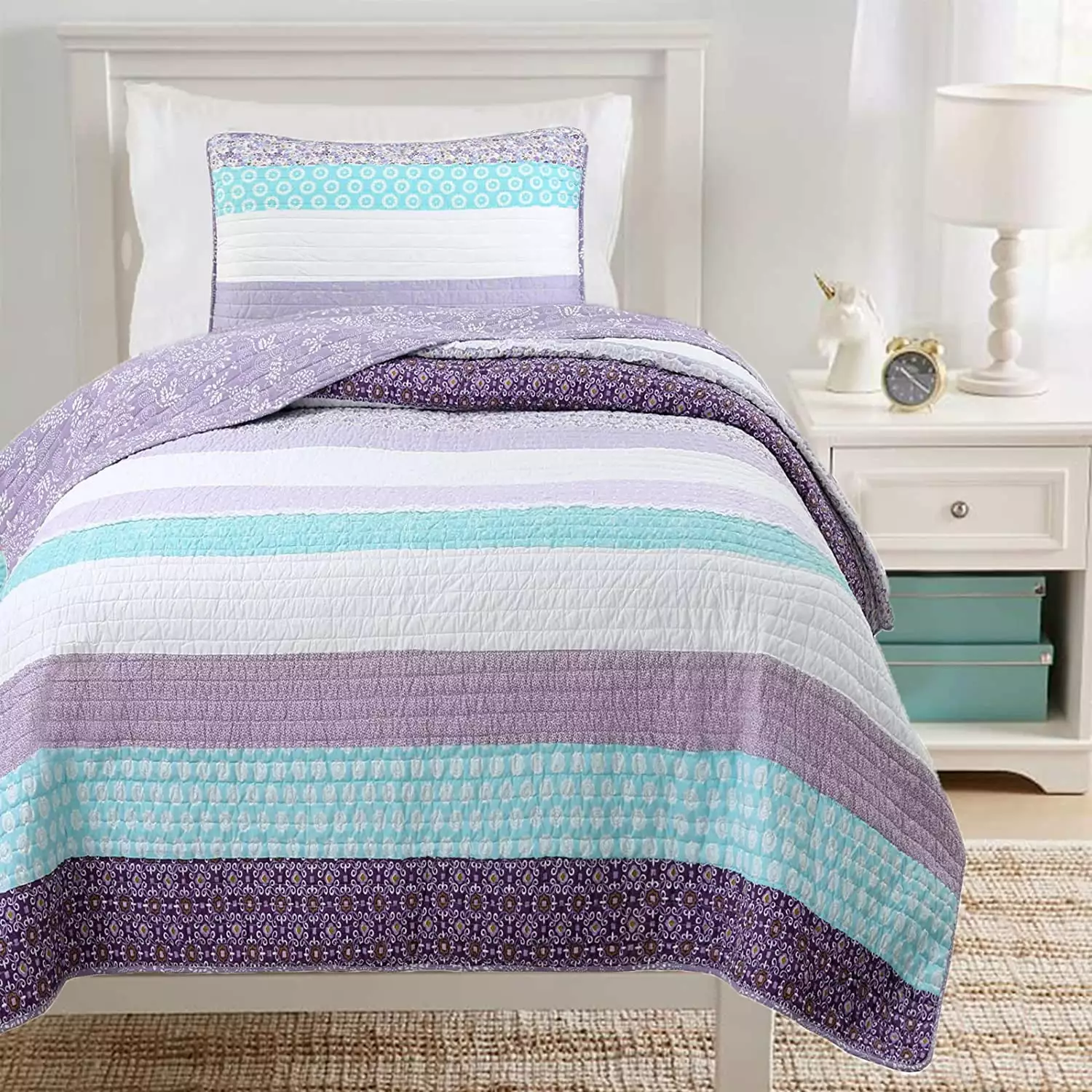 Purple Cosmos Spring Floral Stripe Garden Lavender Teal & White Ruffle Cotton Queen Reversible Quilt Bedding Set