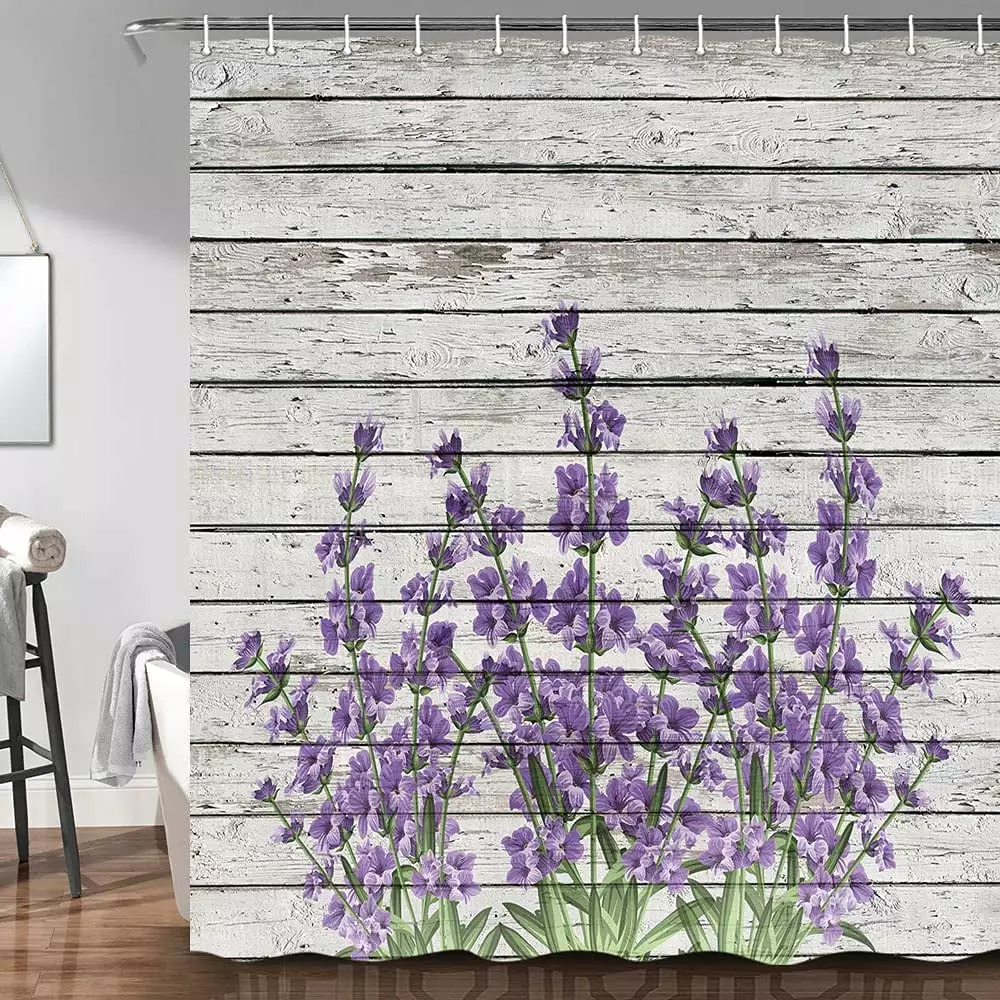 Purple Lavender Shower Curtain. Retro Themed Purple Flowers on Vintage Rustic Wood Bathroom Accessories Set Waterproof Fabric Cloth Curtains