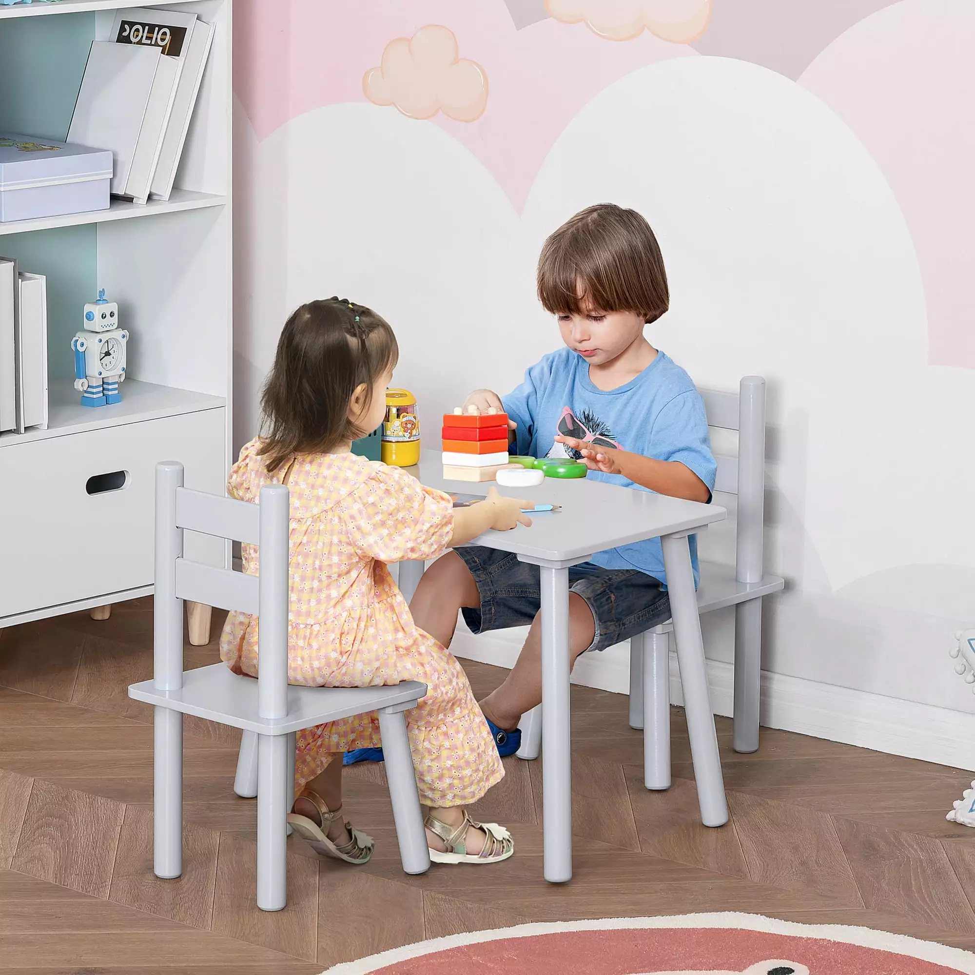 Qaba 3-Piece Set Kids Wooden Table Chairs Gift for Boys Girls Toddlers