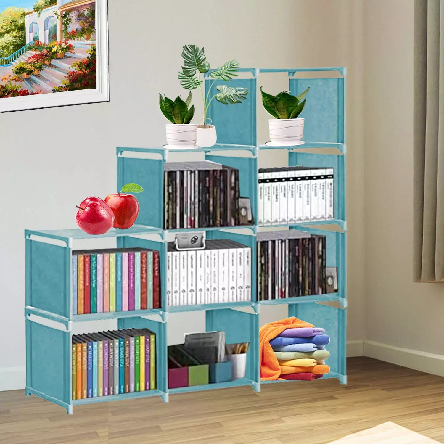 Qhomic Kid Adjustable Bookcase Storage Bookshelf with 9 Cube Book Shelves For Kids Adult. Blue