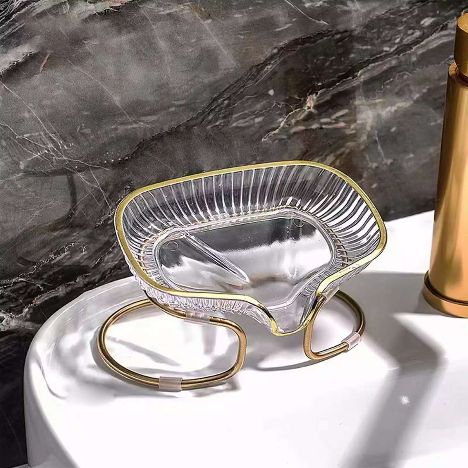 Qianying Summer Promotion.Clearance.Soap Self-draining Soap Dish Non-porous Easy Clean Soap Soap Dish with Gold Metal Suitable for Shower Bathroom Kitchen Sink Bathtub