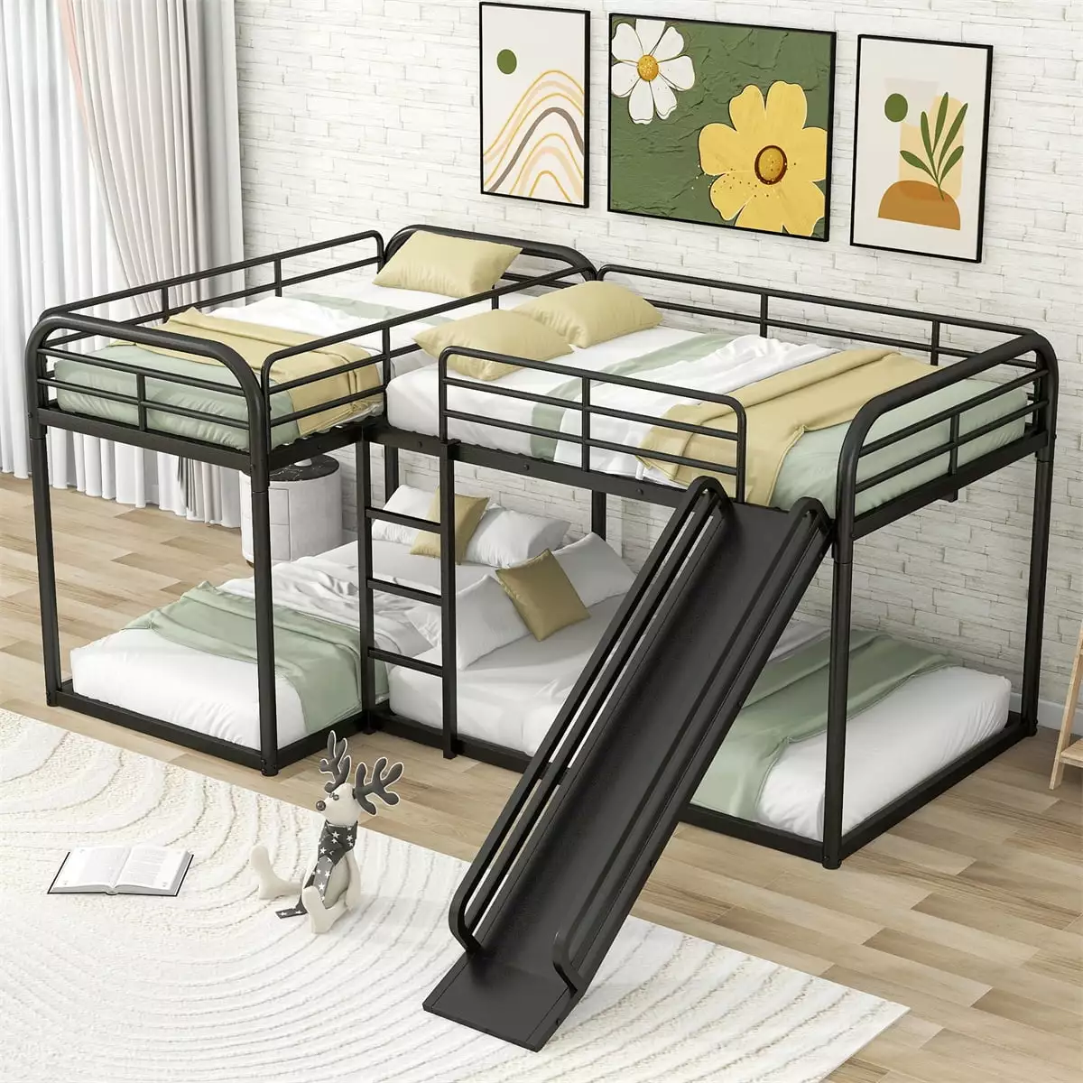 Quad Bunk Beds for 4.Full and Twin Size L-Shape Metal Bunk Bed with Slide and Short Ladder.Heavy-Duty Metal Floor Bunk Bed.Modern Corner Bunk Bed with Guardrails for Kids Teens Boys Girls.Black