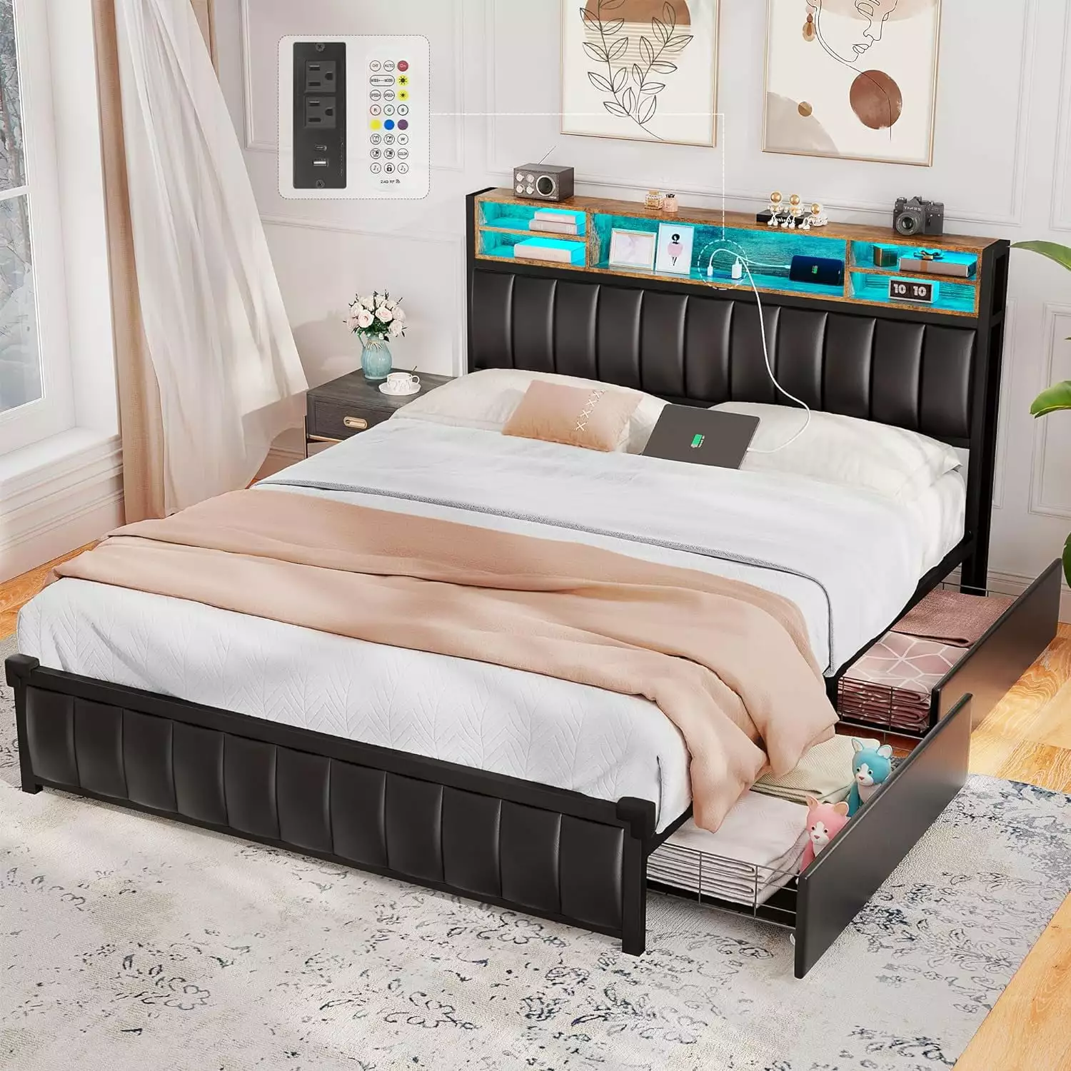 Alohappy Queen Bed Frame with Bookcase Headboard and Charging Station. Upholstered Platform Bed with 4 Storage Drawers & LED Lights. Heavy Duty Slats. No Box Spring Needed. Black