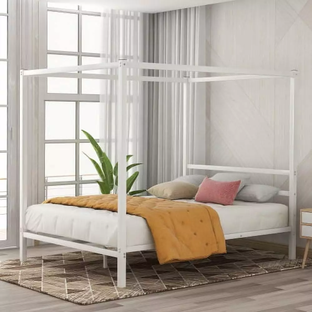 Queen Canopy Bed Frame Metal Four Posters 14 inch Platform with Built-in Headboard Strong Metal Slat Mattress Support.No Box Spring Needed.White