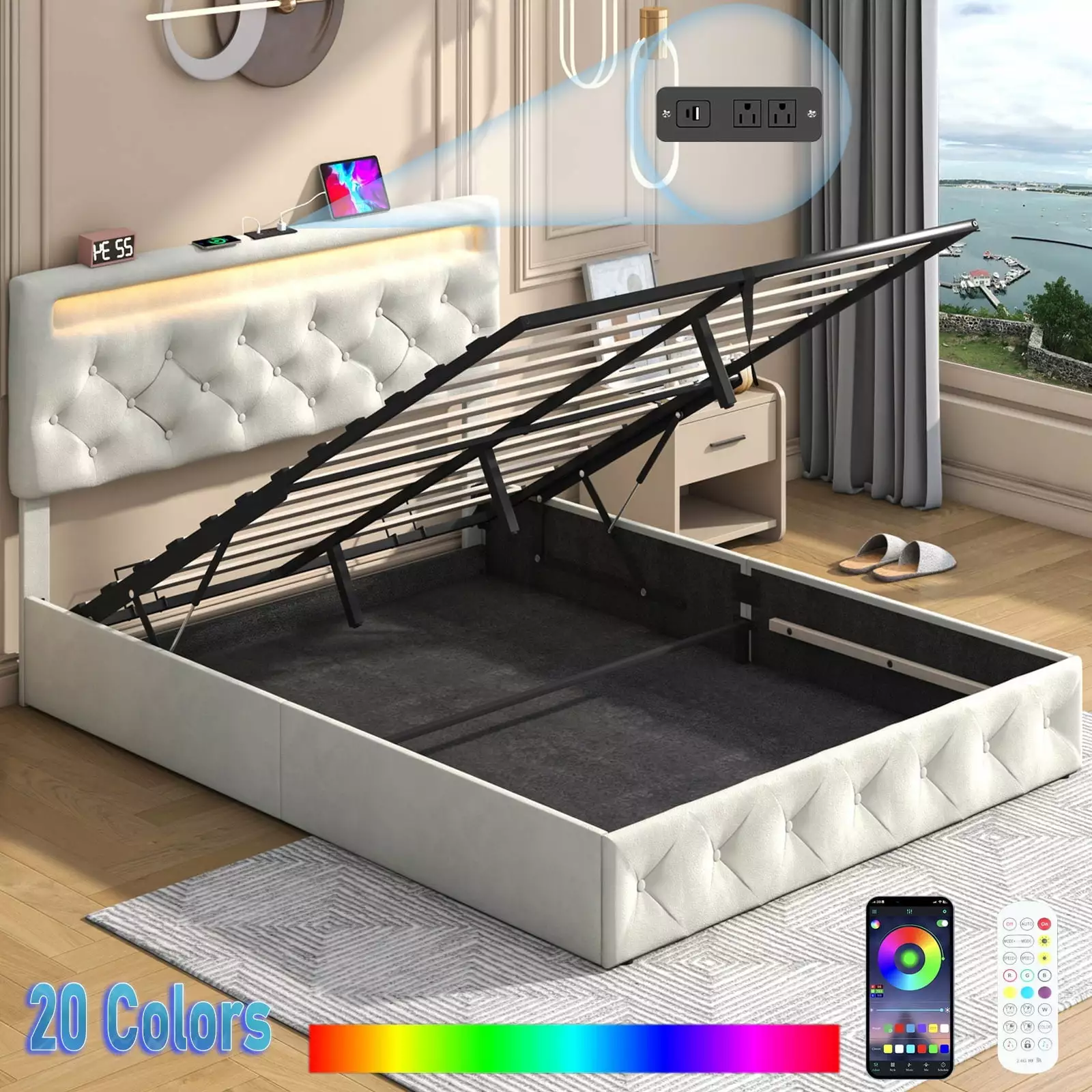 Queen Lift Up Bed Frame with LED Light & Power Outlets. Velvet Storage Bed with Adjustable Headboard. Upholstered Platform Bed(Beige-Queen)