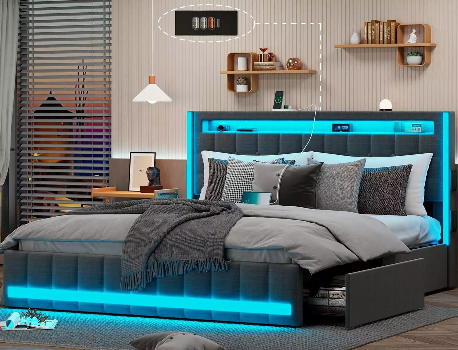 Queen Size Bed Frame with 4Storage Drawers.RGB LED Light.Charging Station