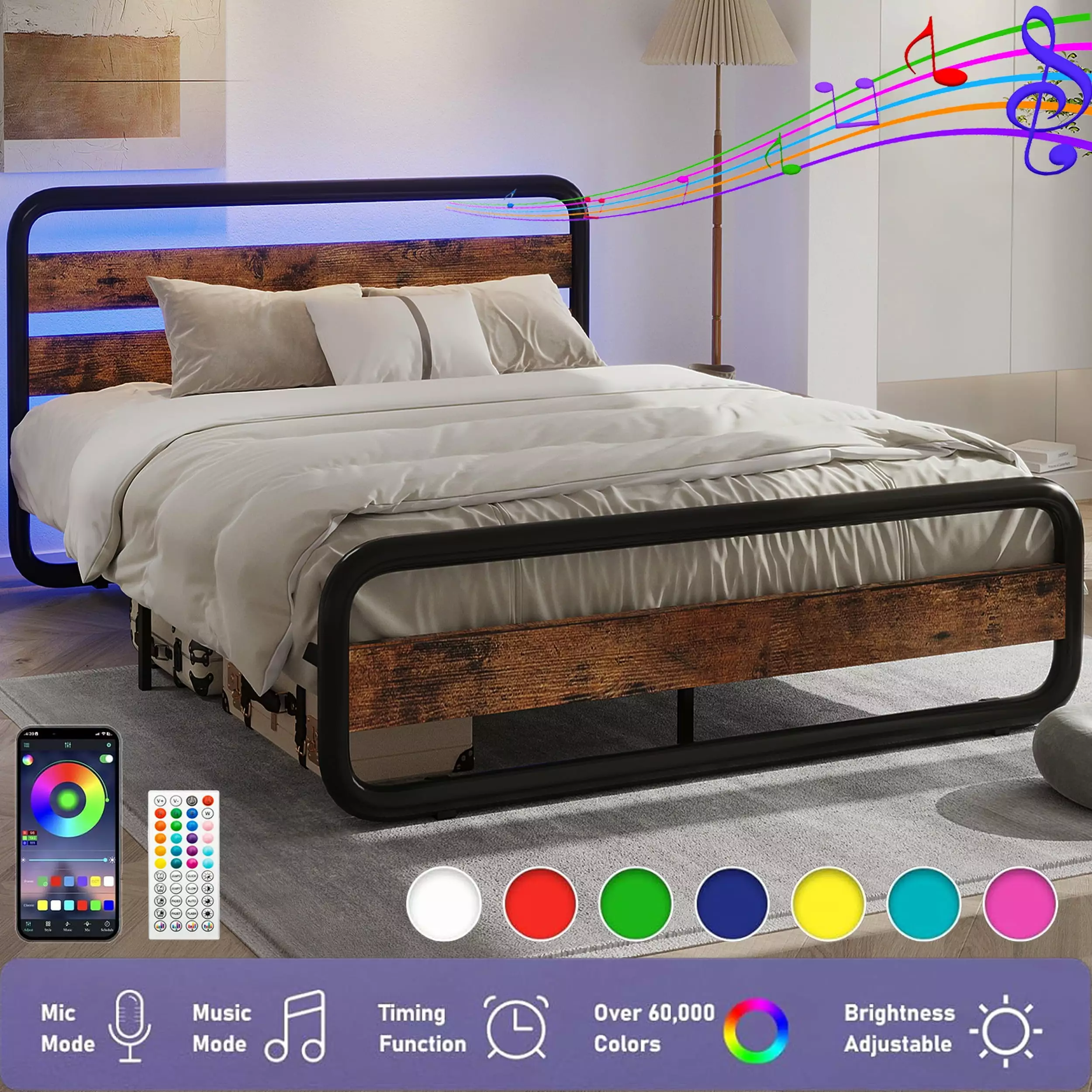 Queen Size Bed Frame with LED Headboard & Footboard. Heavy Duty Platform Bed with Under-Bed Storage. Round Corner Metal Frame(Queen)