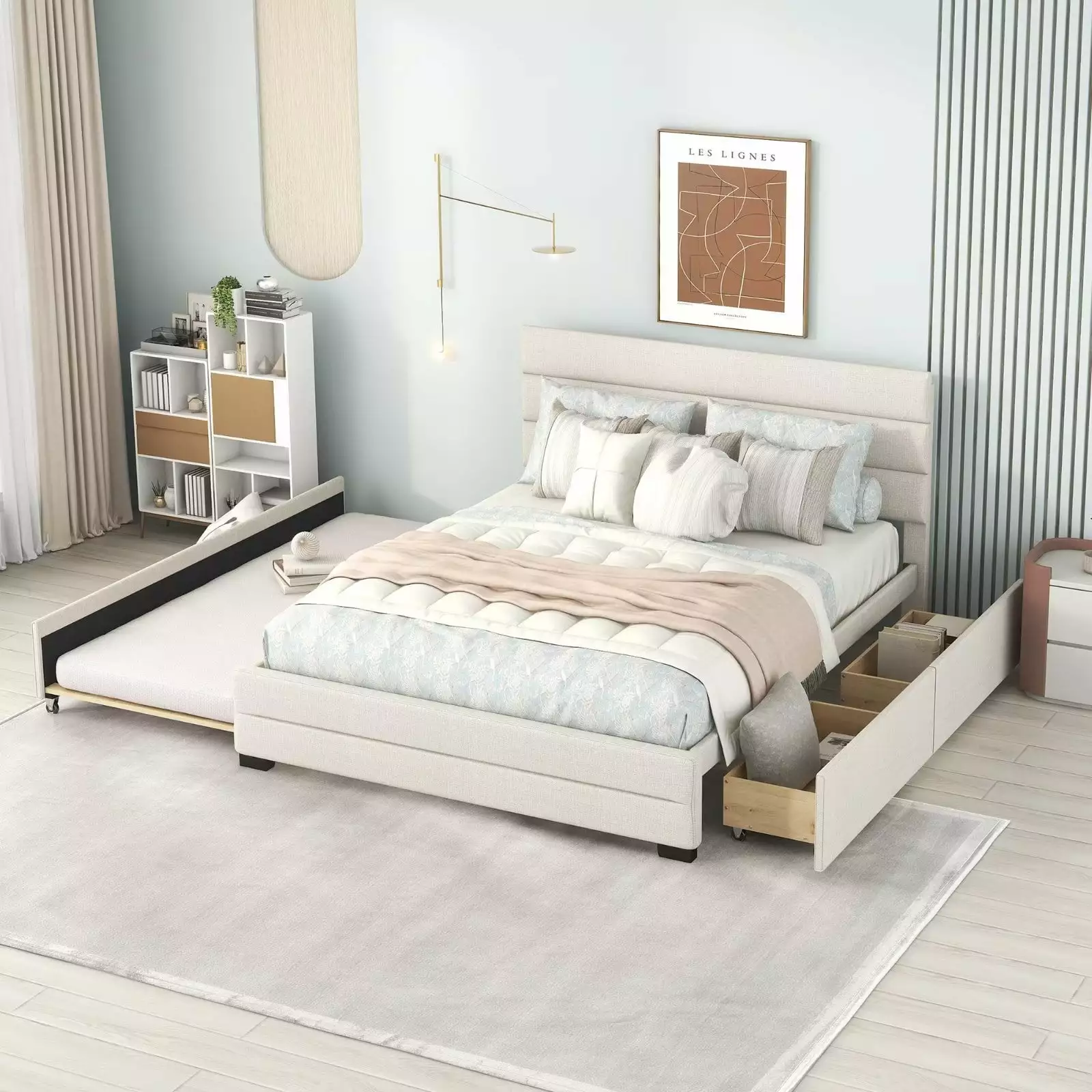 Queen Size Platform Bed. Linen Upholstered Platform Bed Frame with Pull-out Trundle Bed and 2 Drawers. Solid Wood Beds frame with Padded Headboard for Kids Adults Bedroom. Space Saving. Beige