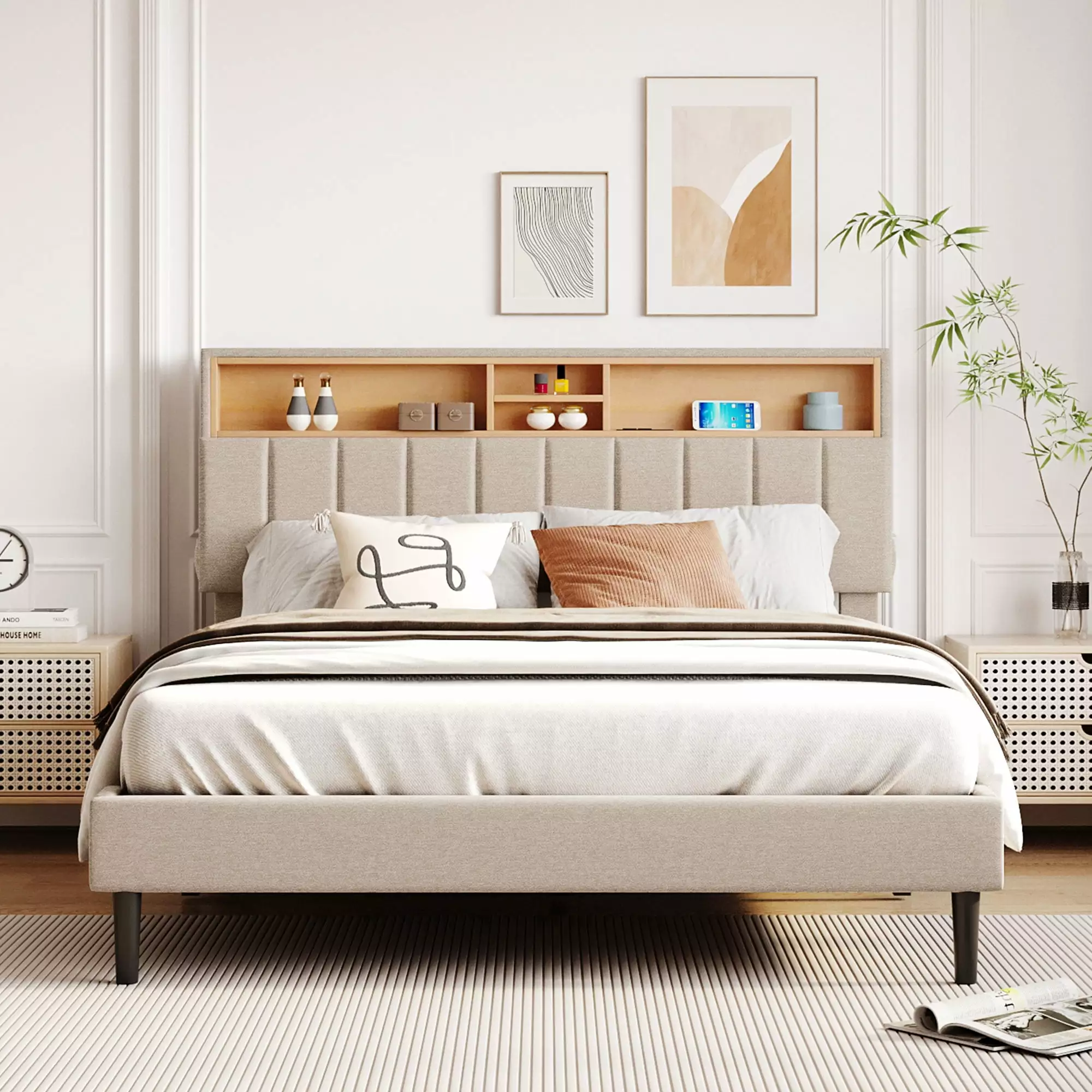 Queen Size Upholstered Platform Bed with Storage Headboard and USB Port. Linen Fabric Upholstered Bed. Wood Slat Support. No Box Spring Needed. Easy Assembly. Beige