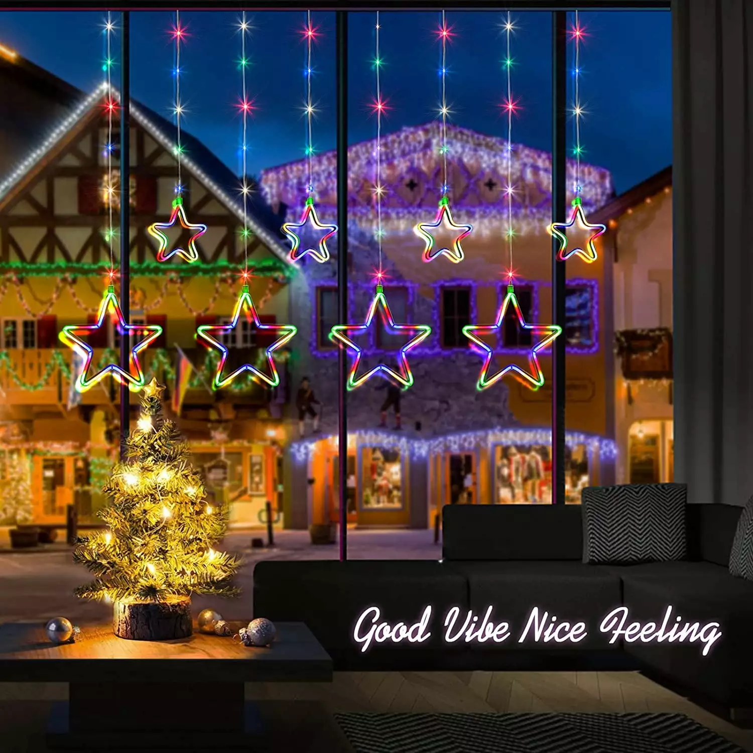 Quntis Star Curtain Lights Outdoor Indoor - 180 LEDs Multicolor Star Window Lights Plug in. Connectable 8 Neon Stars Fairy Lights Decoration for Home Bedroom Birthday Party Wedding Valentines Day