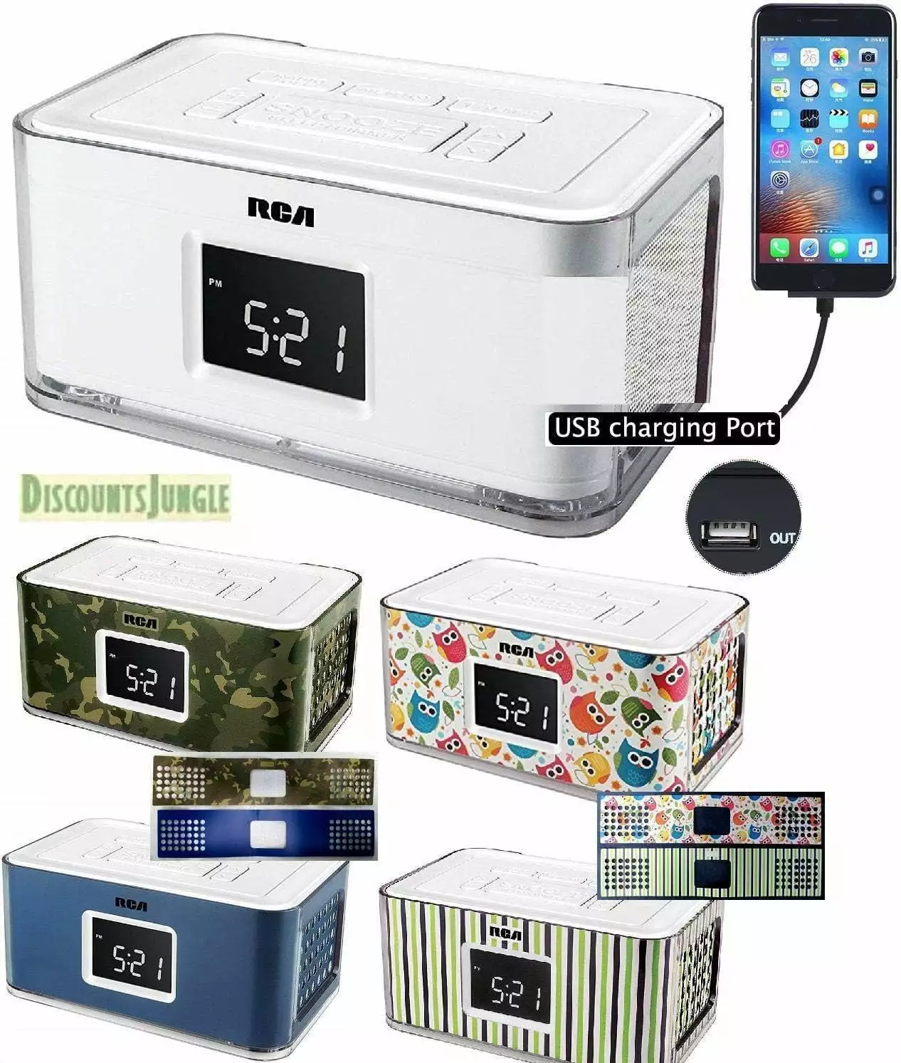 RCA RCR8622 Dual Alarm Clock AM FM Radio with 4 Multi Color Wraps/Phone USB Charger