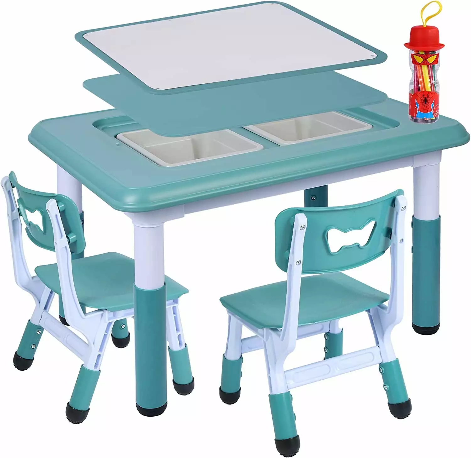 REDCAMP Double-Sided Kids Activity Table. Multi Drawing Table and Chair Set with 2 Chairs for Toddlers. Plastic Height Adjustable Play Table with Storage Bins. Blue