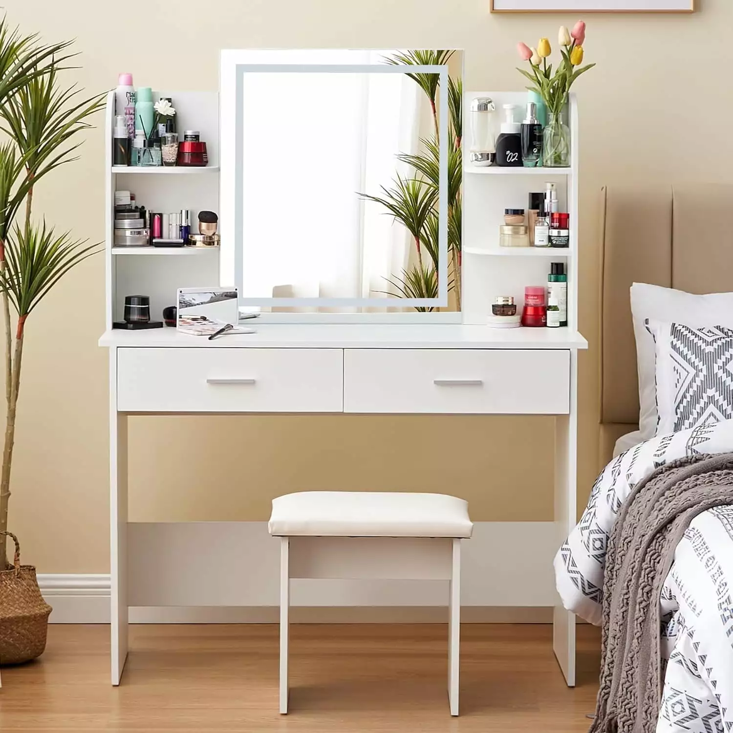 REDCAMP Vanity Set with Lighted Mirror. Makeup Vanity Desk with Drawers Padded Stool. White