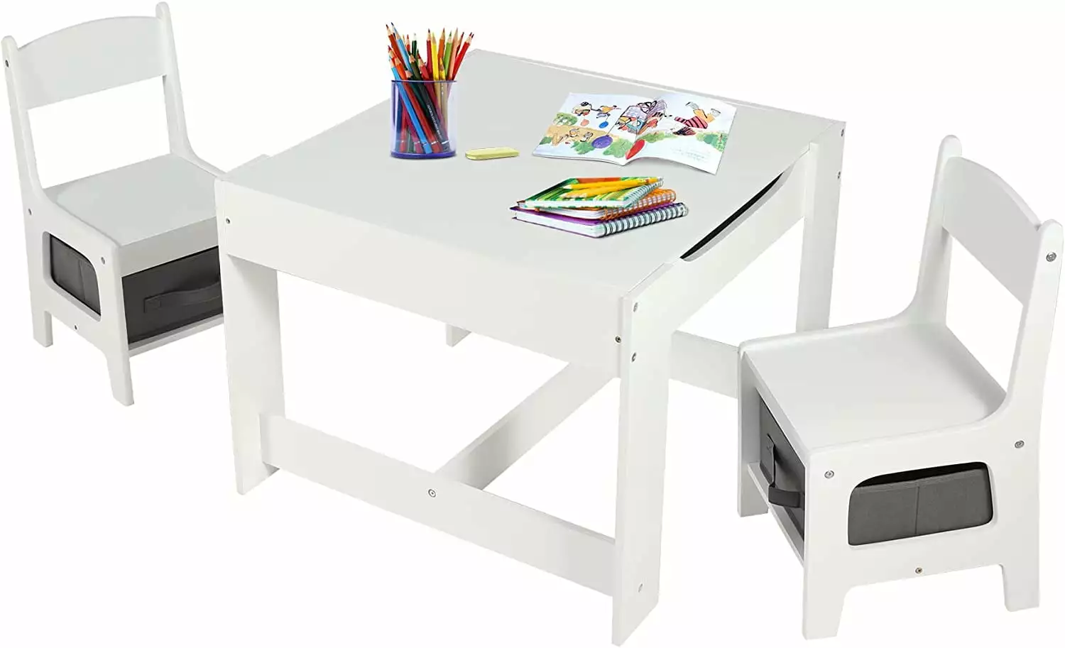 REDCAMP Wood Table and 2 Chairs Set. 3 in 1 Kids Table and Chair Activity Table with Storage. Removable Tabletop for Art. Crafts. Drawing. Reading. Playroom. 3 Piece. White