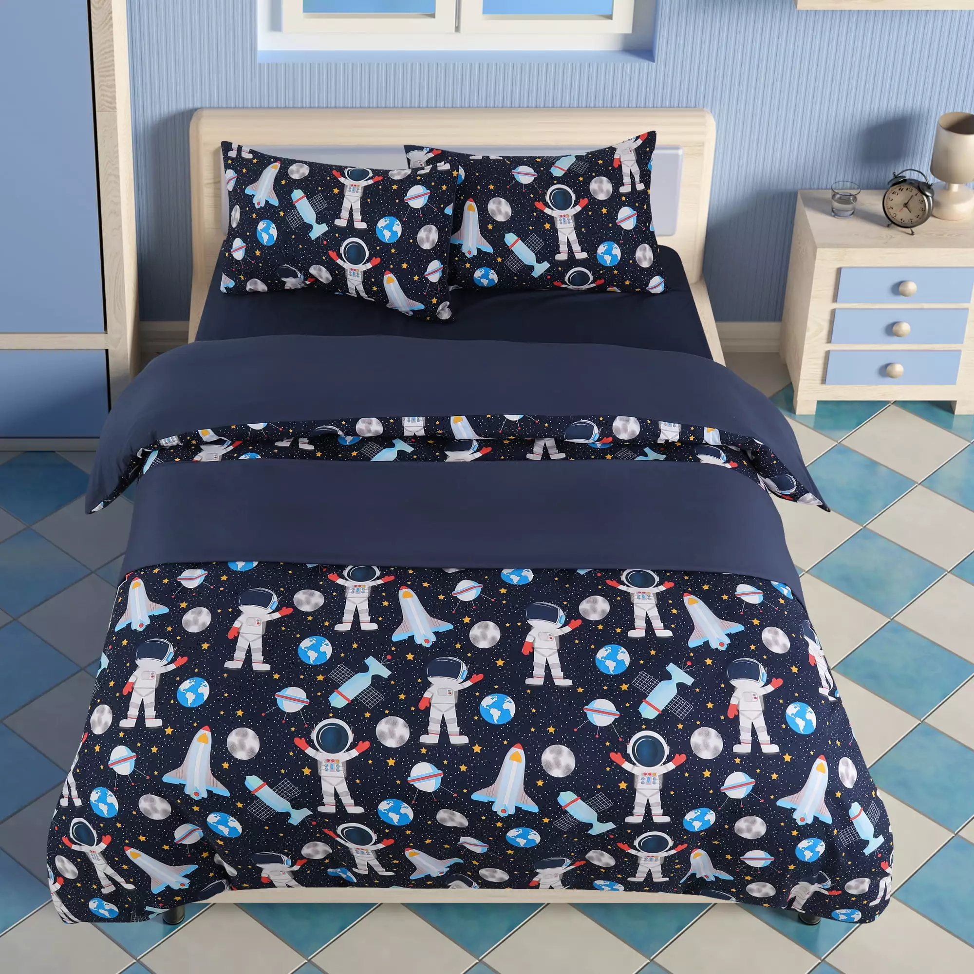 REGALWOVEN 5 Piece Kids Duvet Cover Bedding Set Space Astronaut Pattern Full Queen Blue