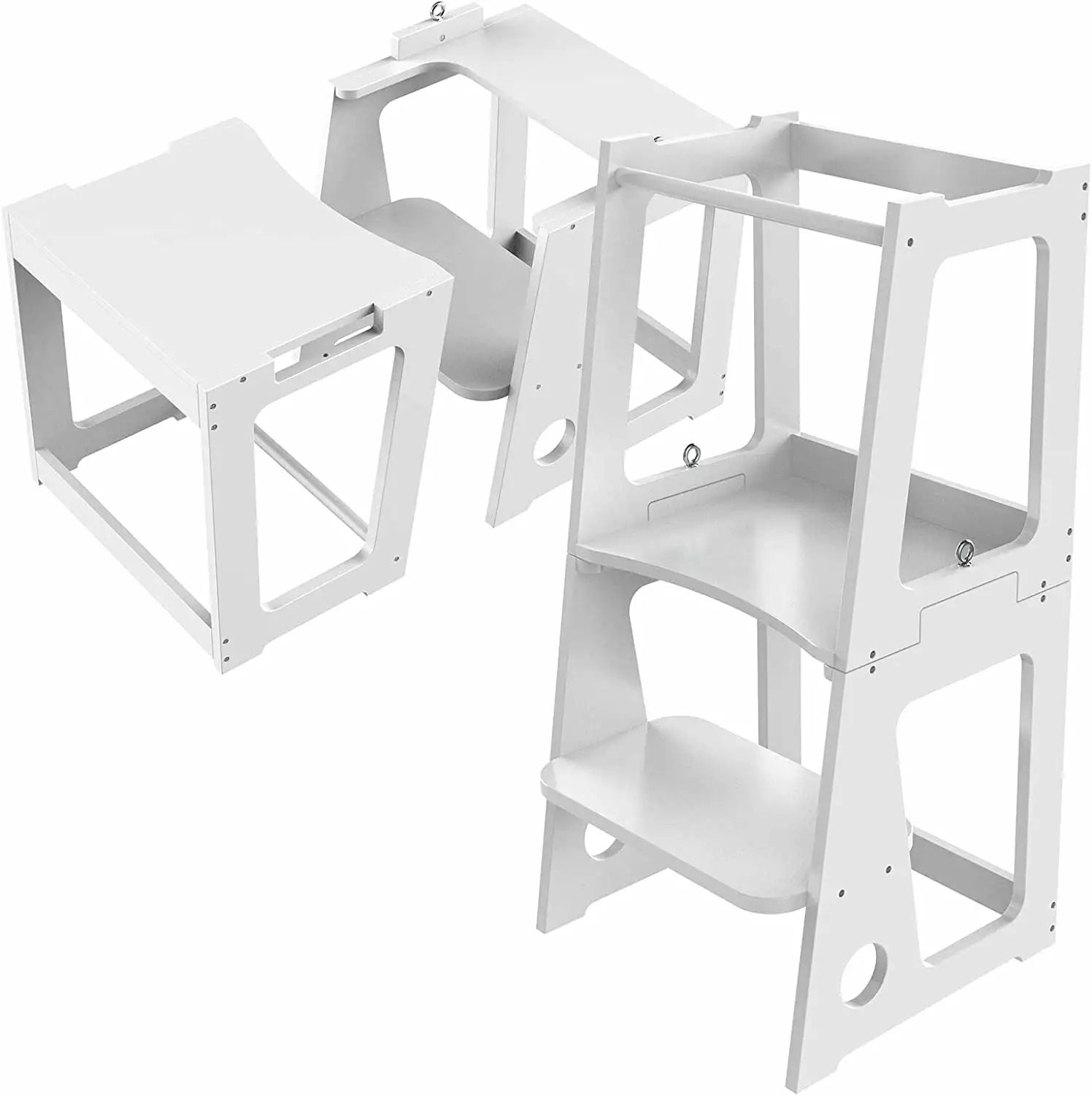 RETON 2 in 1 Kids Learning Helper Tower.Wooden Kitchen Step Stool for Toddlers. Baby Standing Tower with Safety Rail. Adjustable Children Learning Helper Stool for Kitchen Counter Bathroo (White)