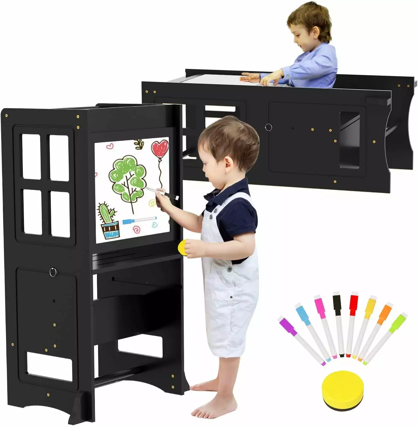 RETON Kitchen Step Stool with Non-Slip Mat. Kids Learning Tower with Whiteboard and Safety Rail.4 in 1 Wooden Toddler Standing Tower for Counter Bathroom Sink (Black)