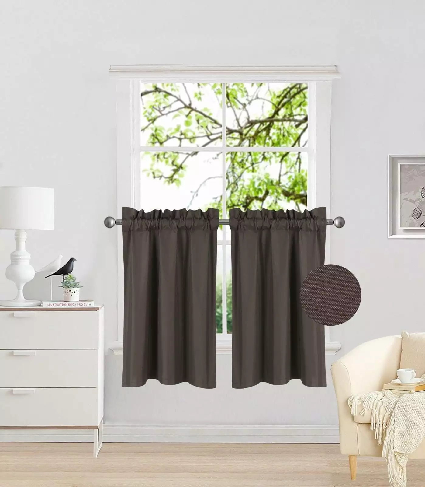 RS5 2-Piece Brown Faux Silk Blackout Window Curtain. Two (2) Rod Pocket Panels 30X 36 Each