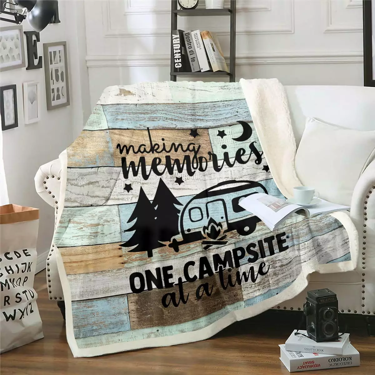 RV Camper Blanket 50x60.Camping Throw Blanket Camping Decor.RV Travel Car Camping Fleece Blanket.Hand Drawn Wooden Plank Grunge Vintage Fuzzy Blanket Camping Accessories for Inside Green Blue