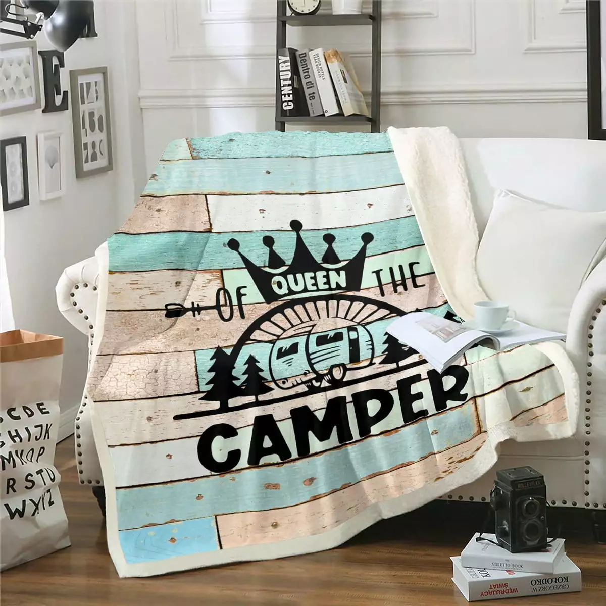 RV Camper Blanket 50x60.Camping Throw Blanket Camping Decor.RV Travel Car Camping Fleece Blanket.Hand Drawn Wooden Plank Grunge Vintage Fuzzy Blanket Camping Accessories for Inside Green Teal