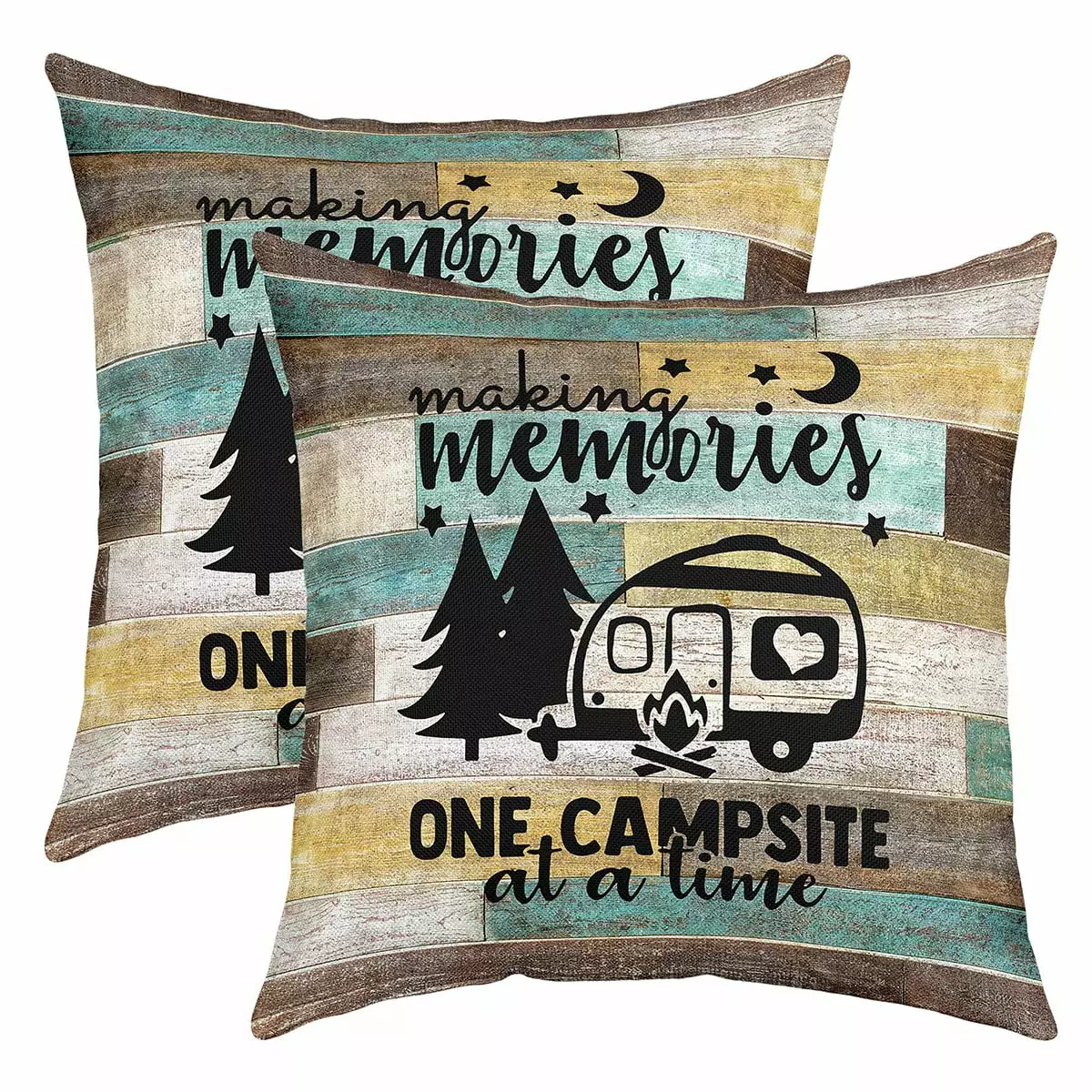 RV Camper Pillow Covers.Camping Throw Pillow Covers Camping Decor.RV Travel Car Camping Cushion Covers.Hand Drawn Wooden Plank Grunge Vintage Square Pillow Cases Teal Yellow 18x18 inch set of 2