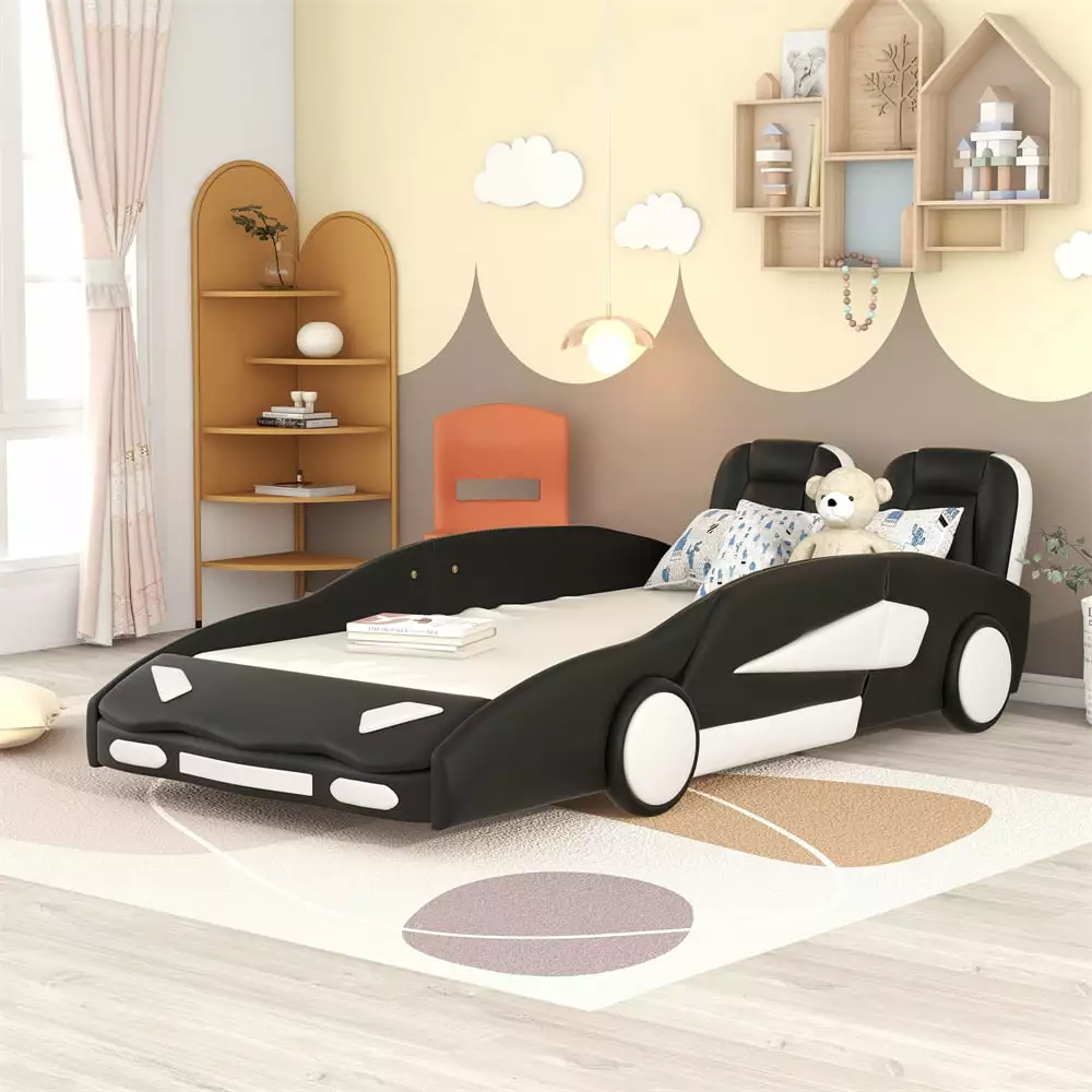 Race Car-Shaped Bed Frame for Kids Toddlers. Twin Size Solid Wood Platform Bed with Wheel and Safety Guardrail & Slats Support Low Floor Bed Frame. No Box Spring Needed. Black