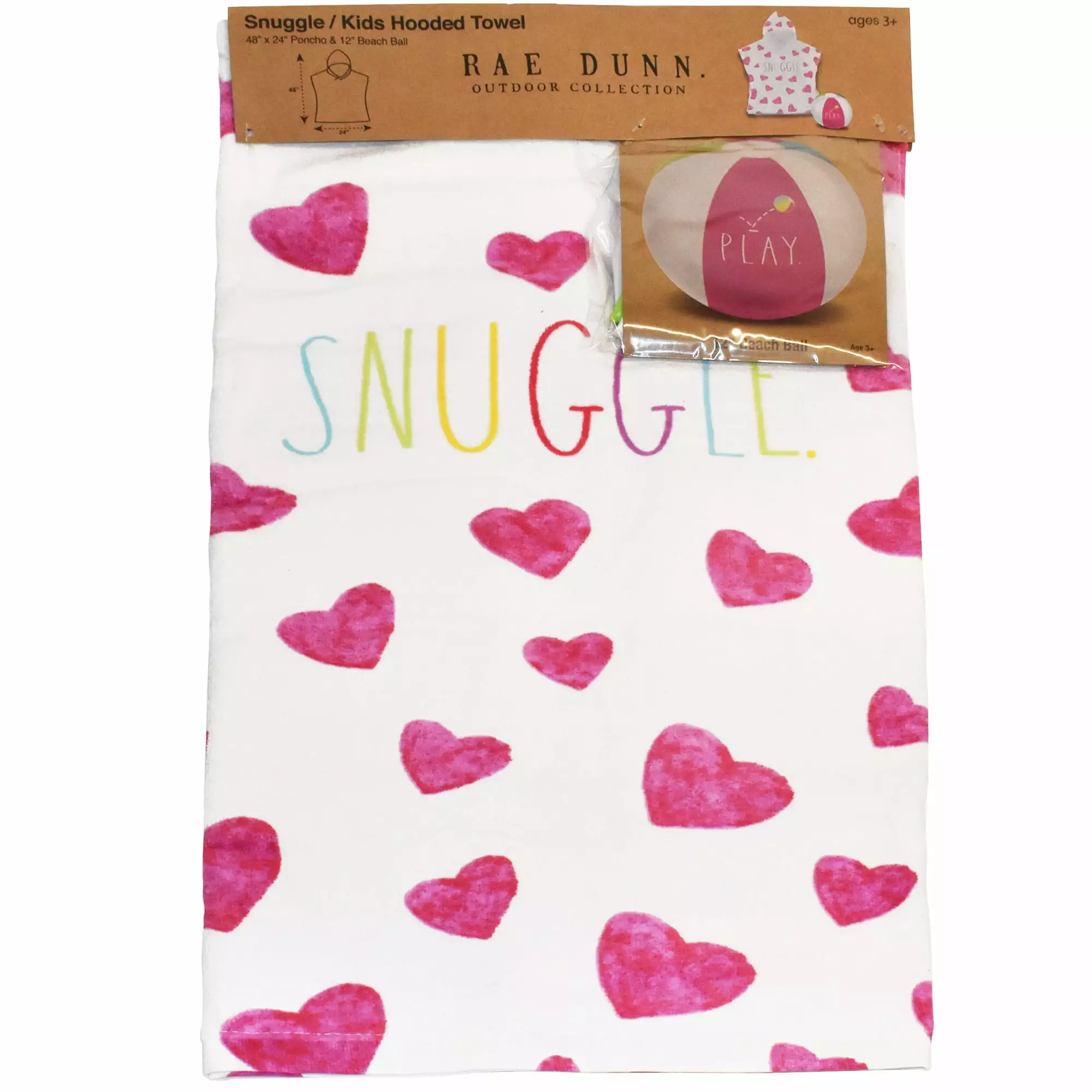 Rae Dunn: Snuggle Kids Hooded Towel & 12 Beach Ball - Hearts 48x 24 Poncho. Cotton Terry Beach Cover Up. Toddler 3+