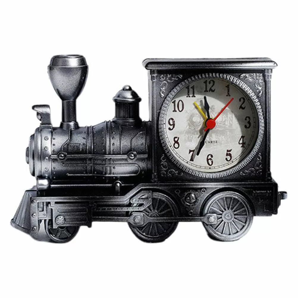 Railway Engine Alarm Clock Creative Desktop Ornaments for Bedroom Livingroom (Silver)