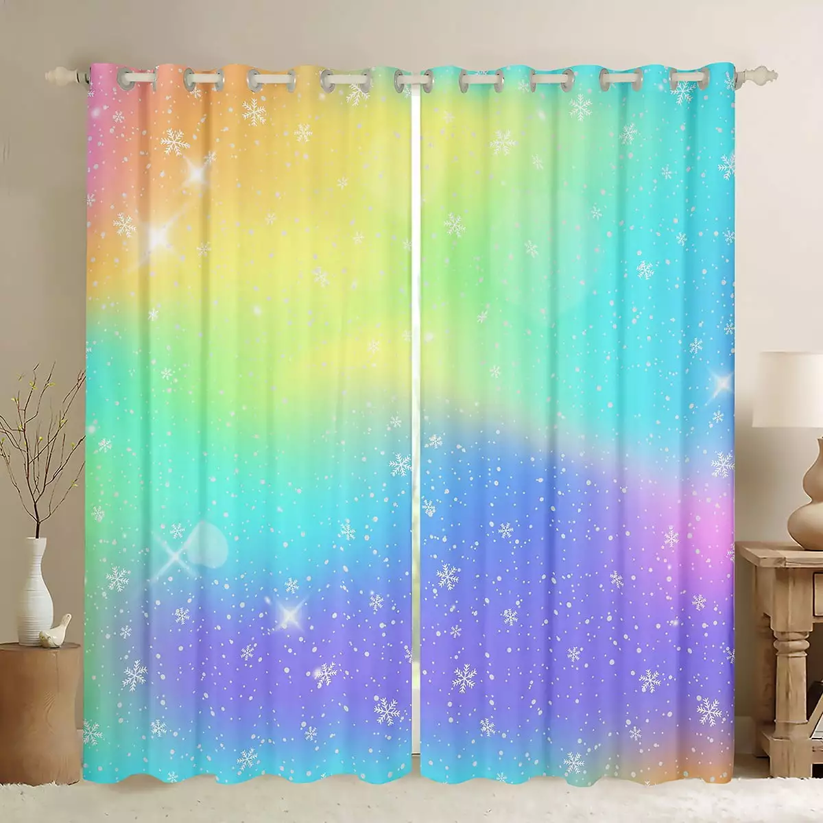 Rainbow Gradient Blackout Curtains White Snowflake Curtains Christmas Themed Window Curtains Happy New Year Xmas Bedroom Curtains for Boys Girls Santa Claus Gifts Curtains.84Wx63L