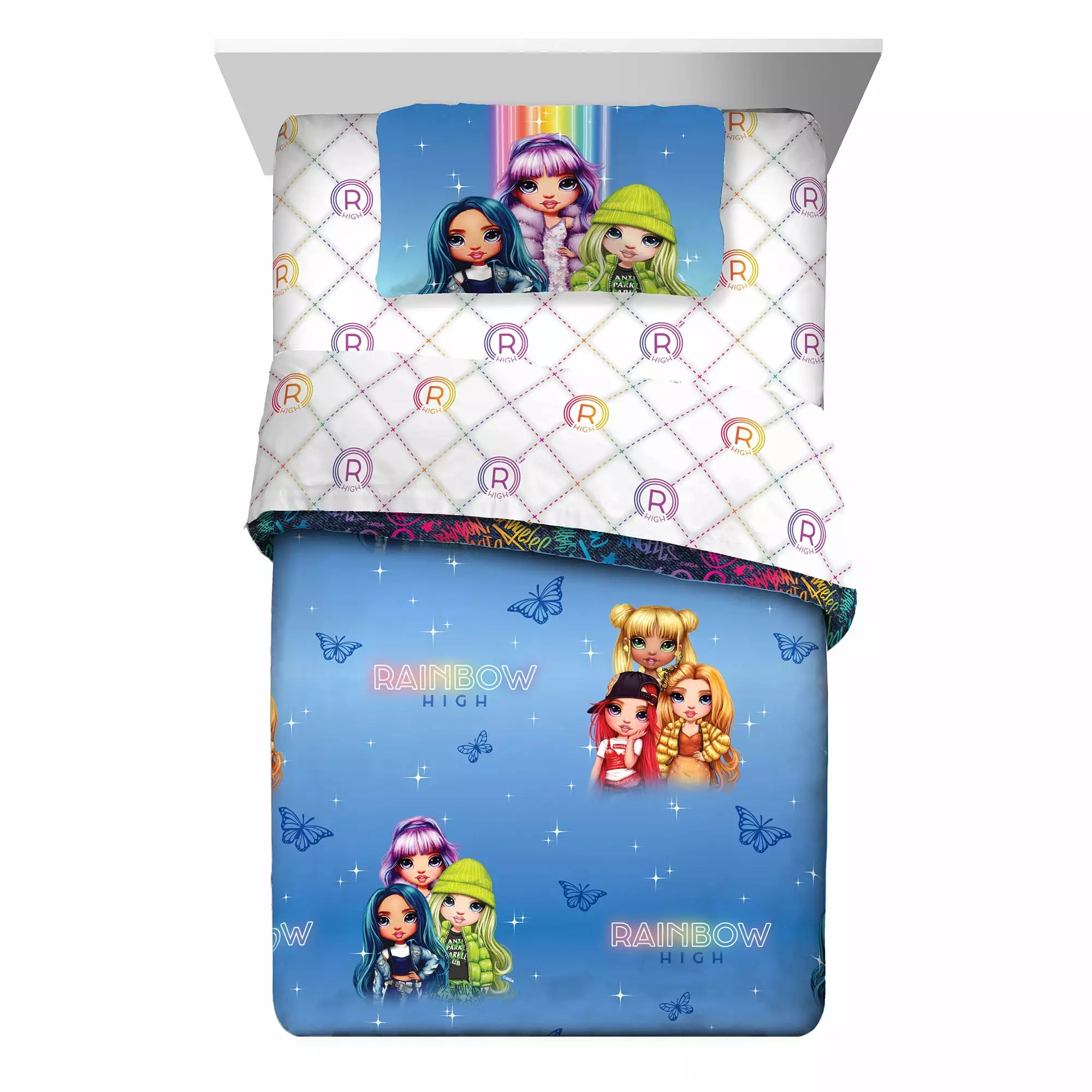 Rainbow High Kids Twin Bed in a Bag. Comforter and Sheets. Blue. MGA