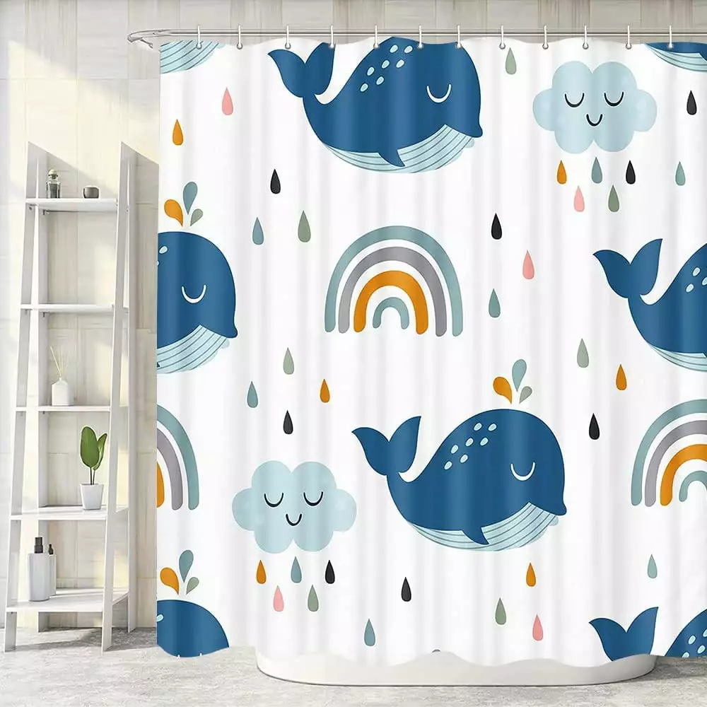 Rainbow Kids Shower Curtain for Bathroom. Nautical Cartoon Fish Whale Bath Accessories for Boy Girls. Underwater Ocean Theme Sea Animal Classroom Nursery Fabric Shower Curtain Liner Set. 36X72in