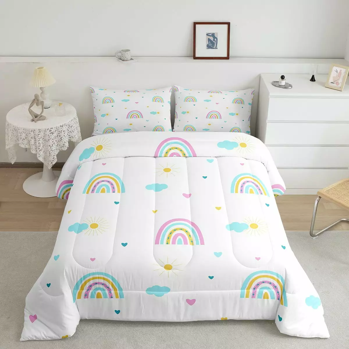 Rainbow Twin Size Bedding Set Kawaii Sun and Clouds for Kids Children Bedding Comforter Sets Boho Rainbow Blue Pink Love Heart Comforter Set for Baby Girls Gift Decor