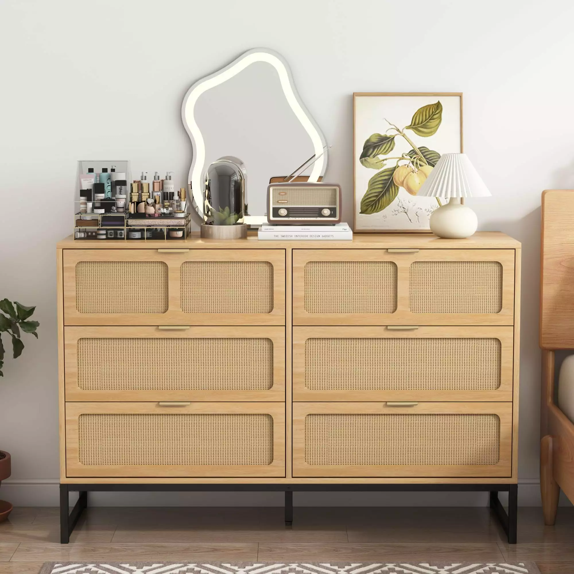 Rattan 6 Drawer Dresser Mid Century Modern Dresser Chest of Drawers Boho Farmhouse 6 Drawer Cabinet with Wide Drawers Metal Legs Storage Dressers Chest for Bedroom. Living Room