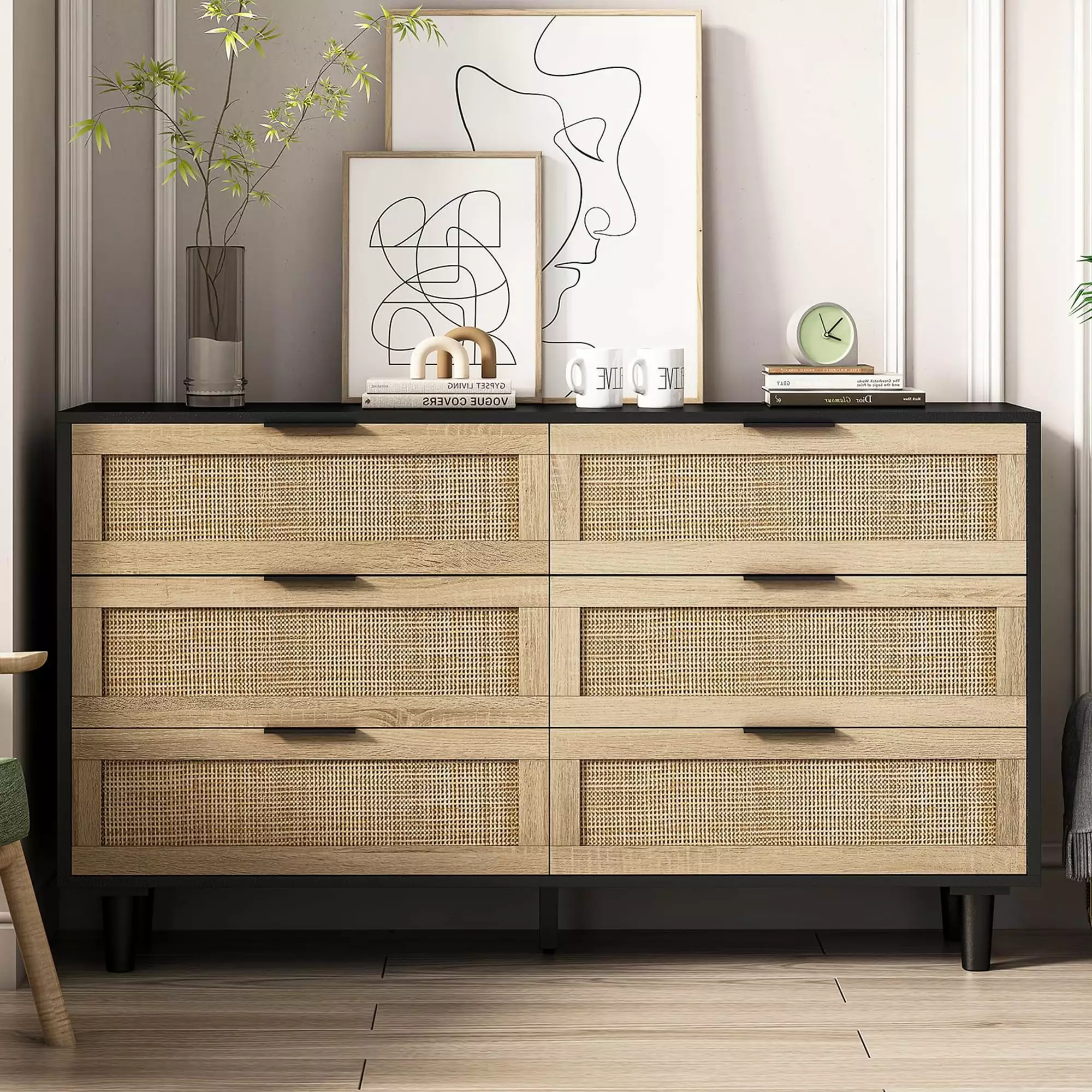 Rattan Dresser 6 Drawer Dresser Modern Chest with Drawers & Gold Handles Wood Storage Closet Dressers Chest of Drawers for Bedroom Living Room Hallway 15.75 D x 51.18 W x 29.53