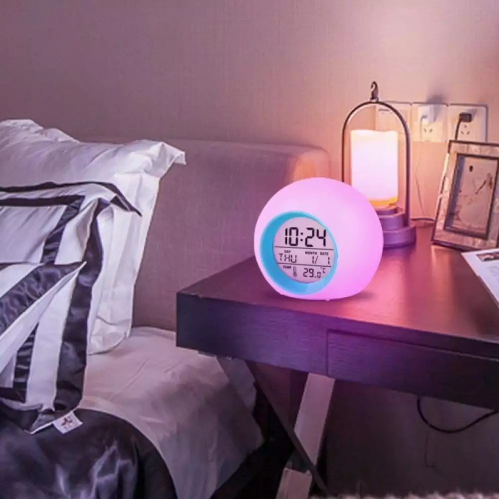 Ready to Rise Children's Sleep Trainer. Round light gradient alarm clock. Night Light and Sleep Sounds Machine