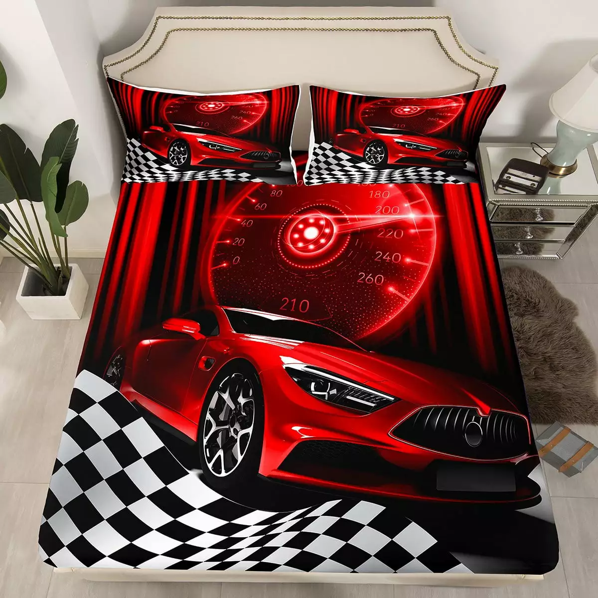 Red Race Car Bed Sheets for Teen Boys.Glitter Ombre Line Art Fitted Sheet Neon Light Sports Car Dashboard Bedding Set Twin.Black and White Grid Lattice Buffalo Plaid Decor