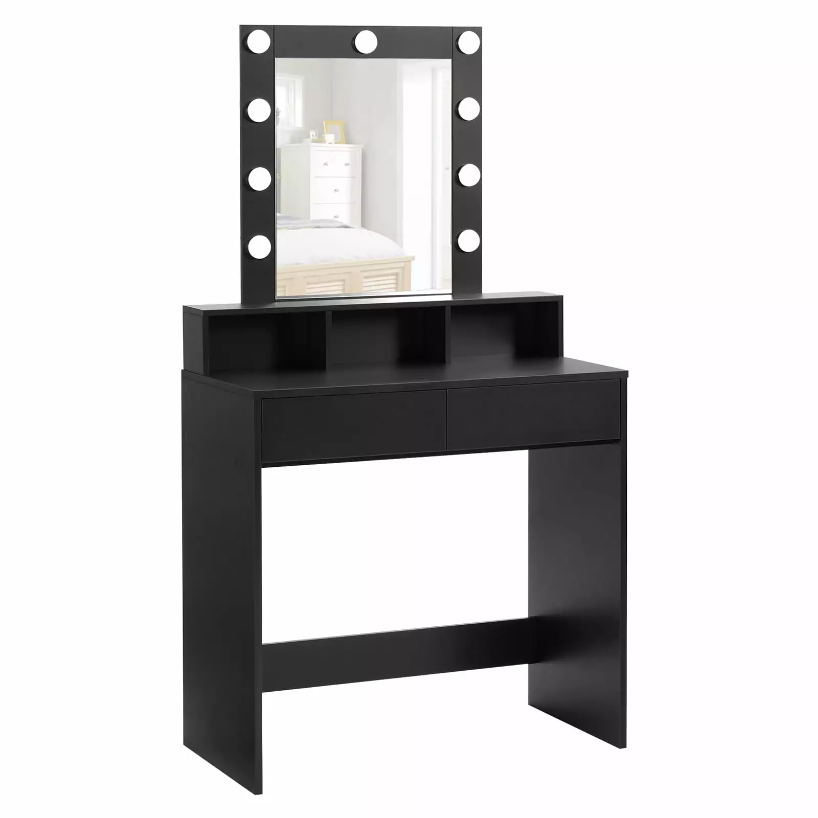 Reettic Vanity Table with Lighted Mirror. Makeup Vanity Desk Set with 2 Storage Drawers. Wooden Bedroom Dressing Table. 9 Lights & Adjustable Brightness. for Women. Mother. Girls. Black