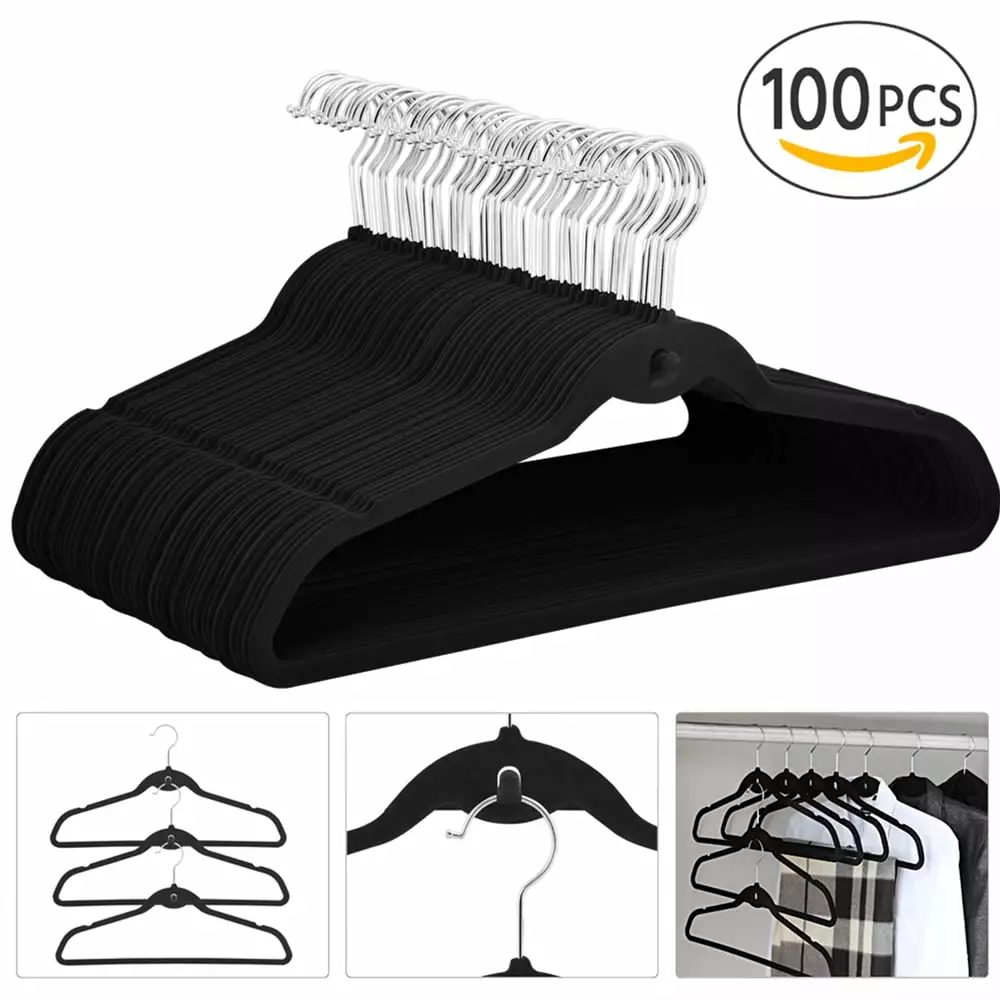 Renwick Non Slip Velvet Clothing Hangers. 100 Pack. Black