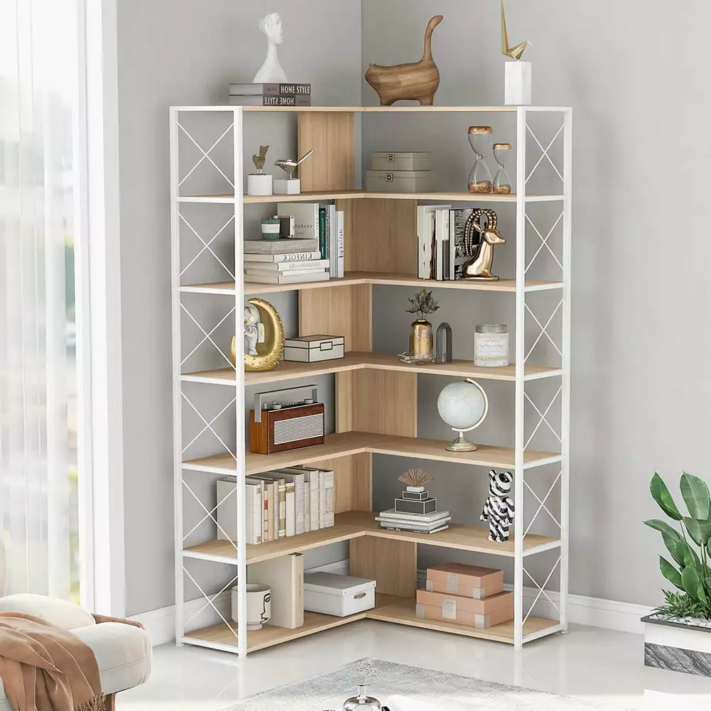 Resenkos 7-Tier Bookcase Home Office Bookshelf.L-Shaped Corner Bookcase with Metal Frame.Industrial Style Shelf with Open Storage.Oak Color