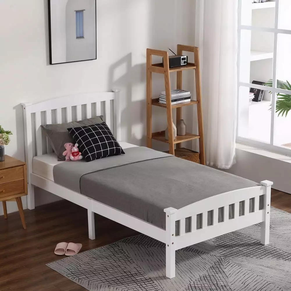 Resenkos Kids Pine Wood Twin Size Platform Bed Frame with Headboard Footboard for Bedroom. White