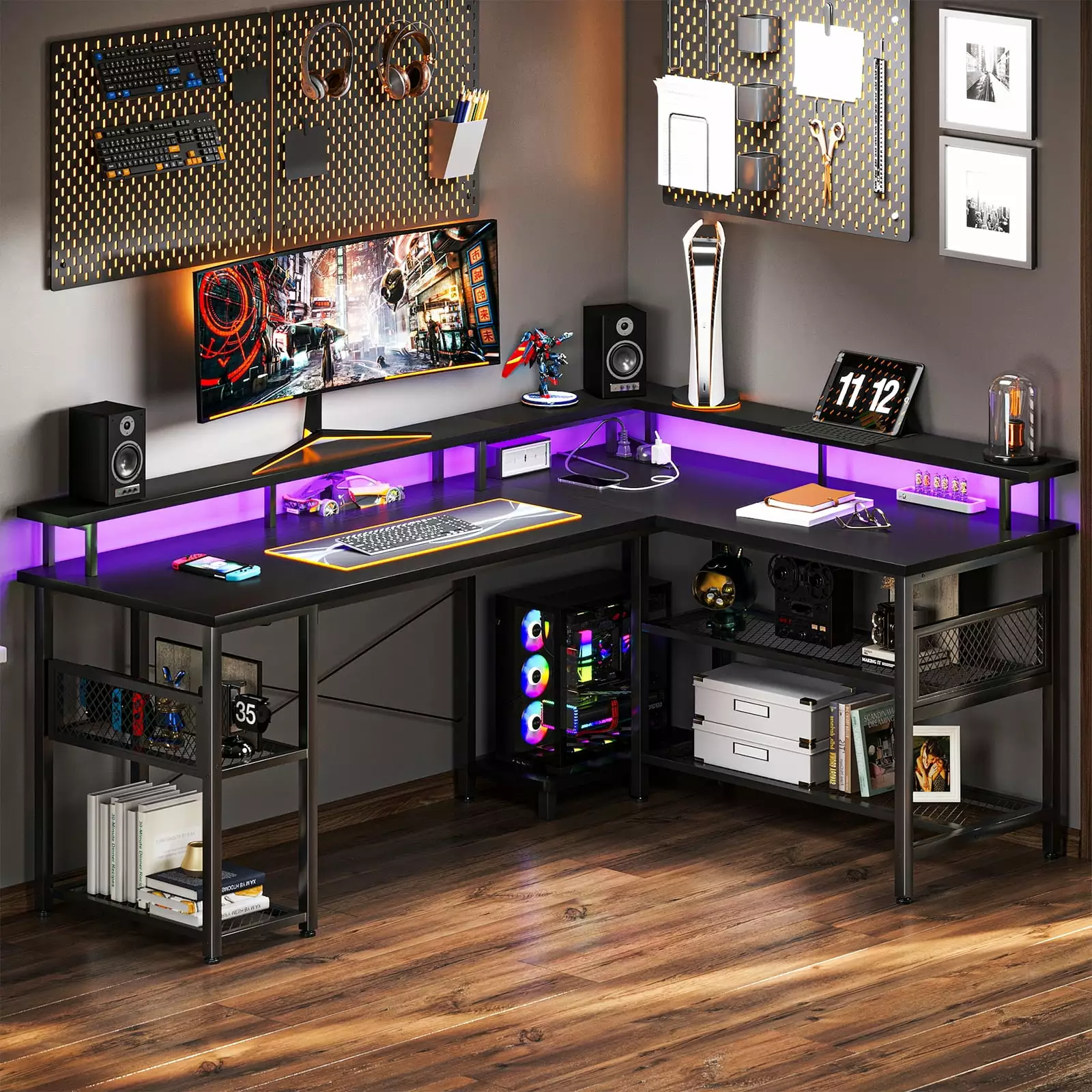 Reversible 59 inch L Shaped Computer Desk with LED Lights & Power Outlet. Gaming Table with Full Monitor Stand. Corner Desk with Storage Shelves. Black