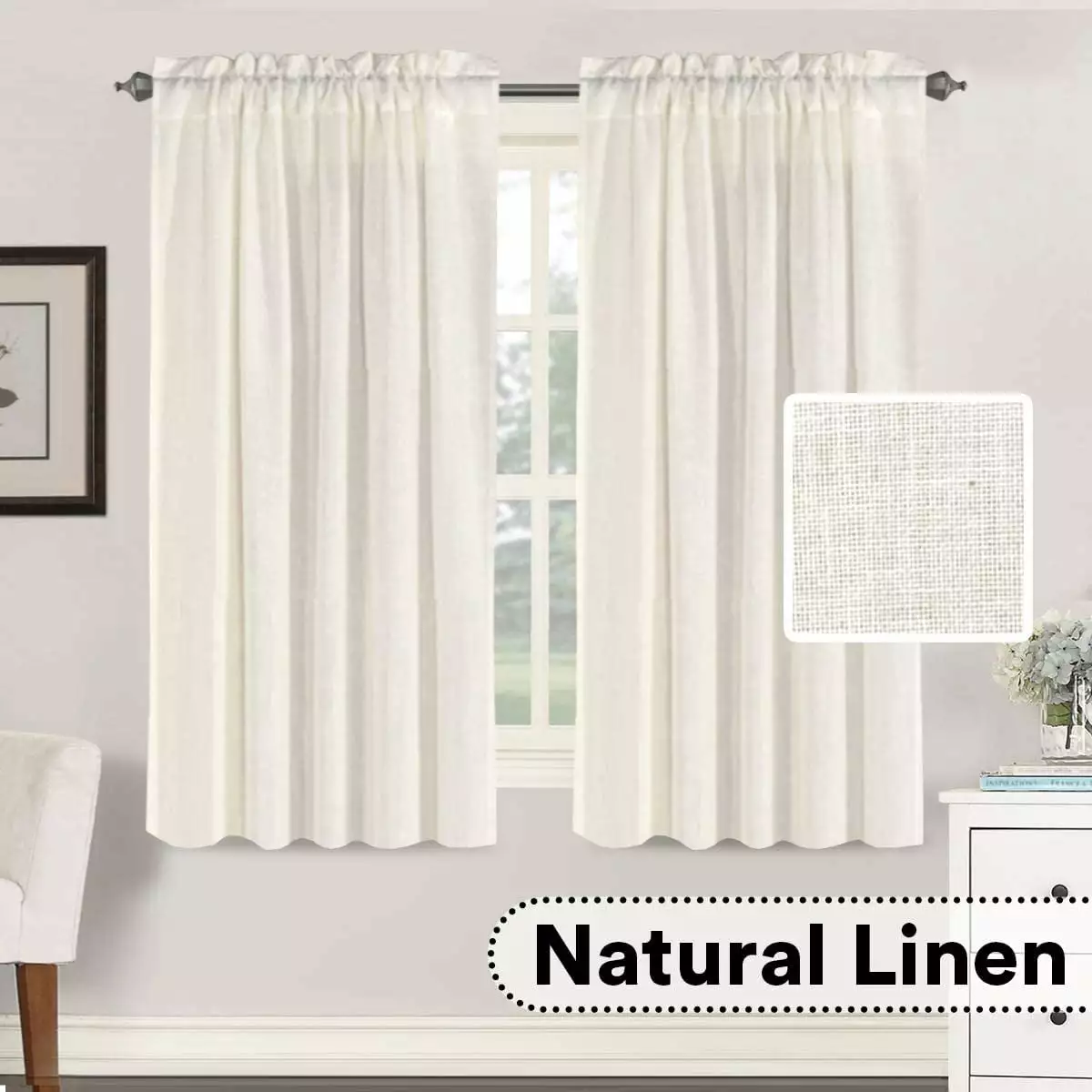 Rich Linen Curtains Semi-Sheer for Bedroom/Living Room|Rod Pocket Textured Flax Window Curtain Drapes. 2 Pack. 52 x 63 inch. Ivory