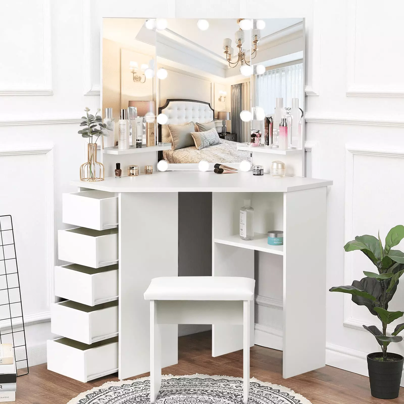 RichYa Modern Makeup Vanity Desk with Lighted Mirror Corner Dressing Table with 5 Drawers & Stool for Women Girls White