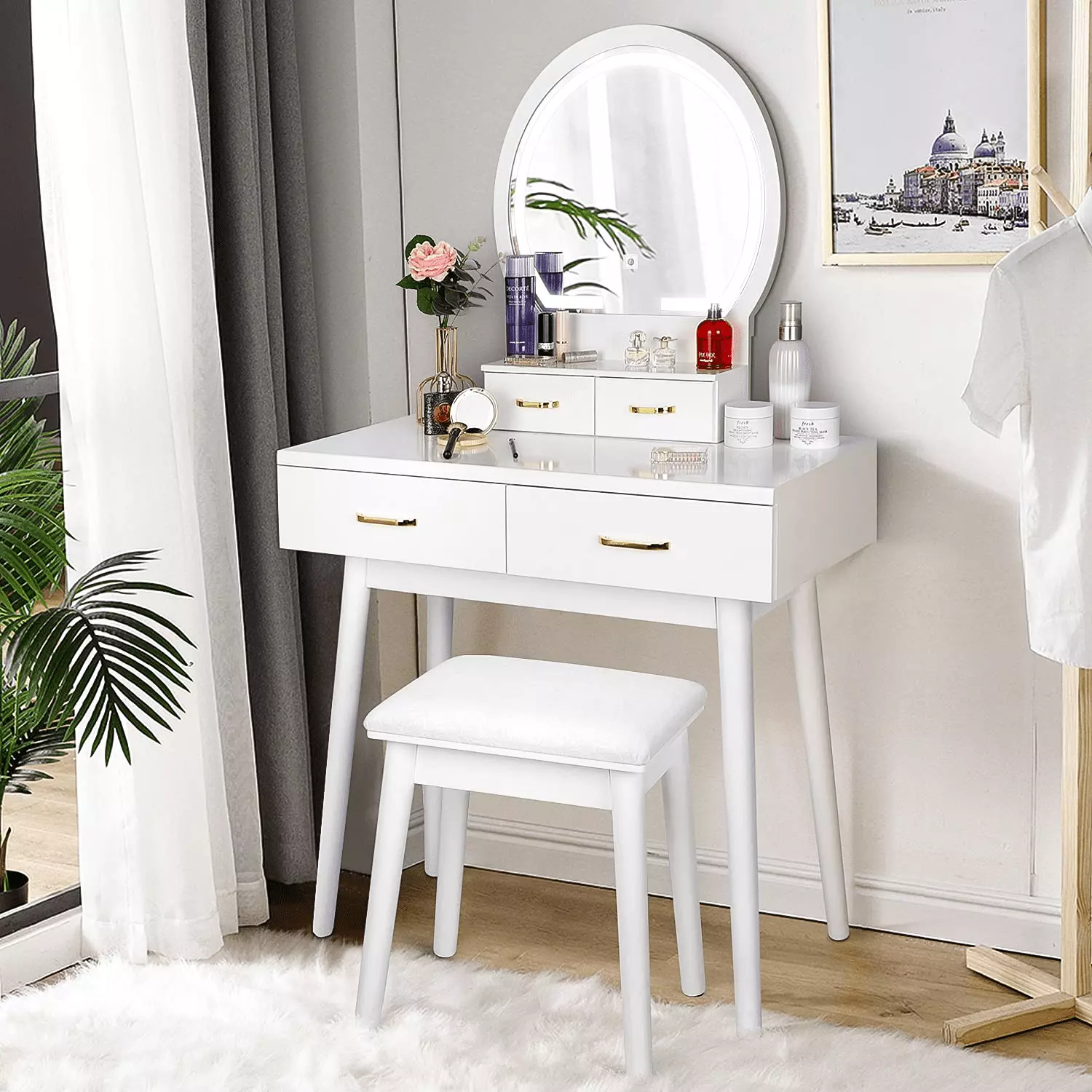 RichYa Modern Vanity Desk with Lighted Mirror Adjustable Brightness Soft Cushioned Stool 4 Drawers White